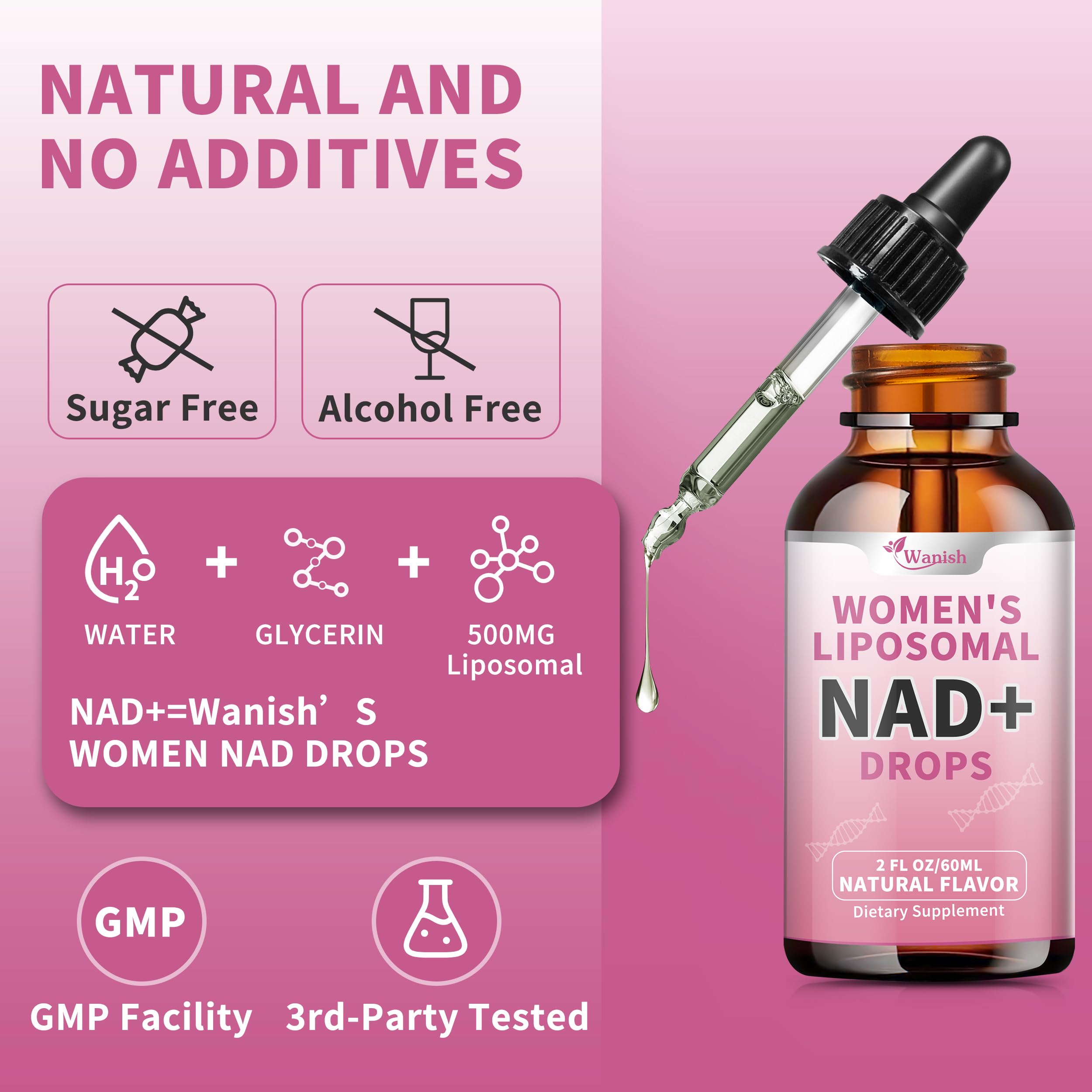 Liposomal NAD Liquid Supplement for Women, Pure 500mg NAD Nicotinamide - Cell Regeneration，Energy & Metabolism Support, Vegan,Sugar Free，Additives Free，2 Fl Oz WanishAu supplements