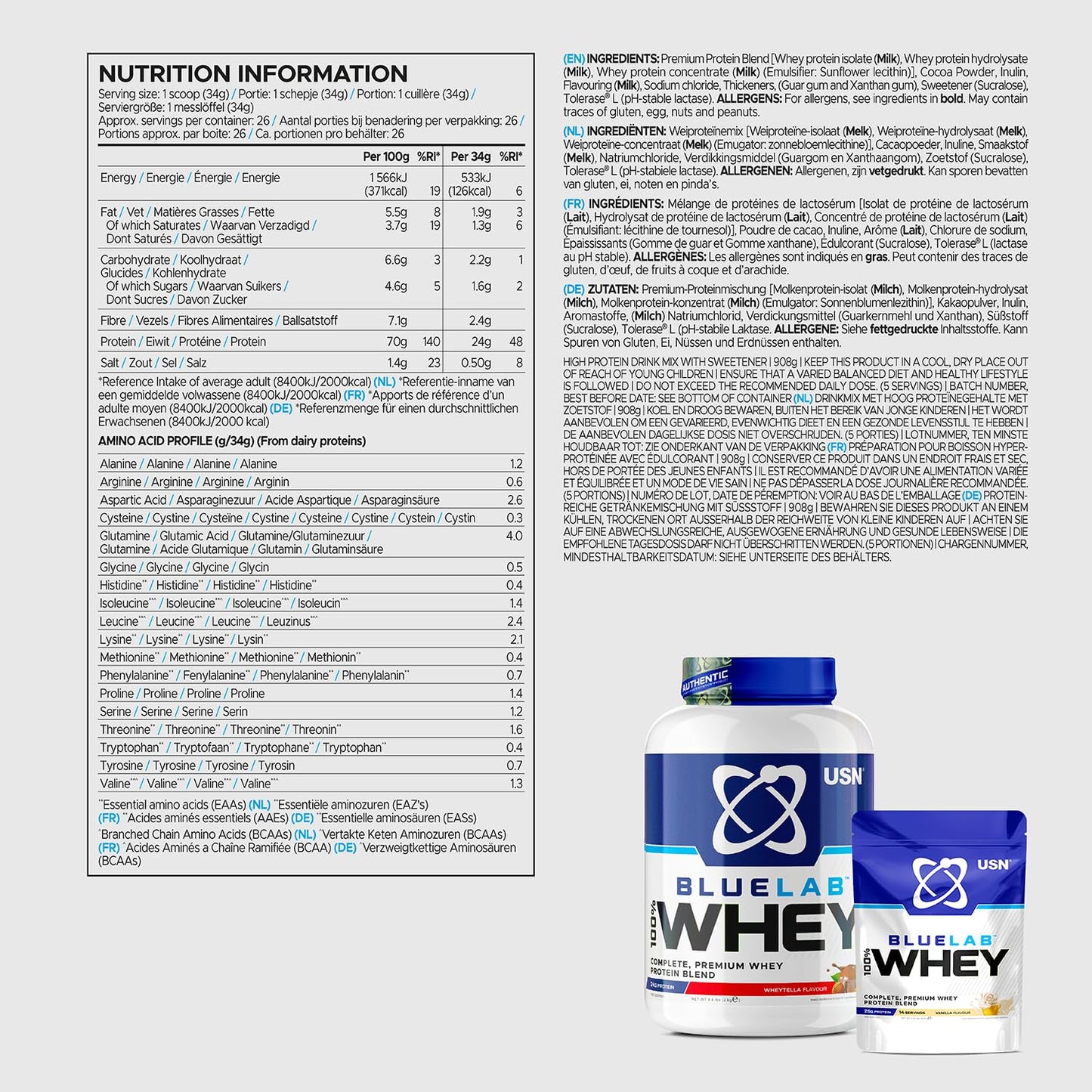 USN Blue Lab Whey Protein Powder: Wheytella - Whey Protein 908g - Post-Workout USNUS supplements