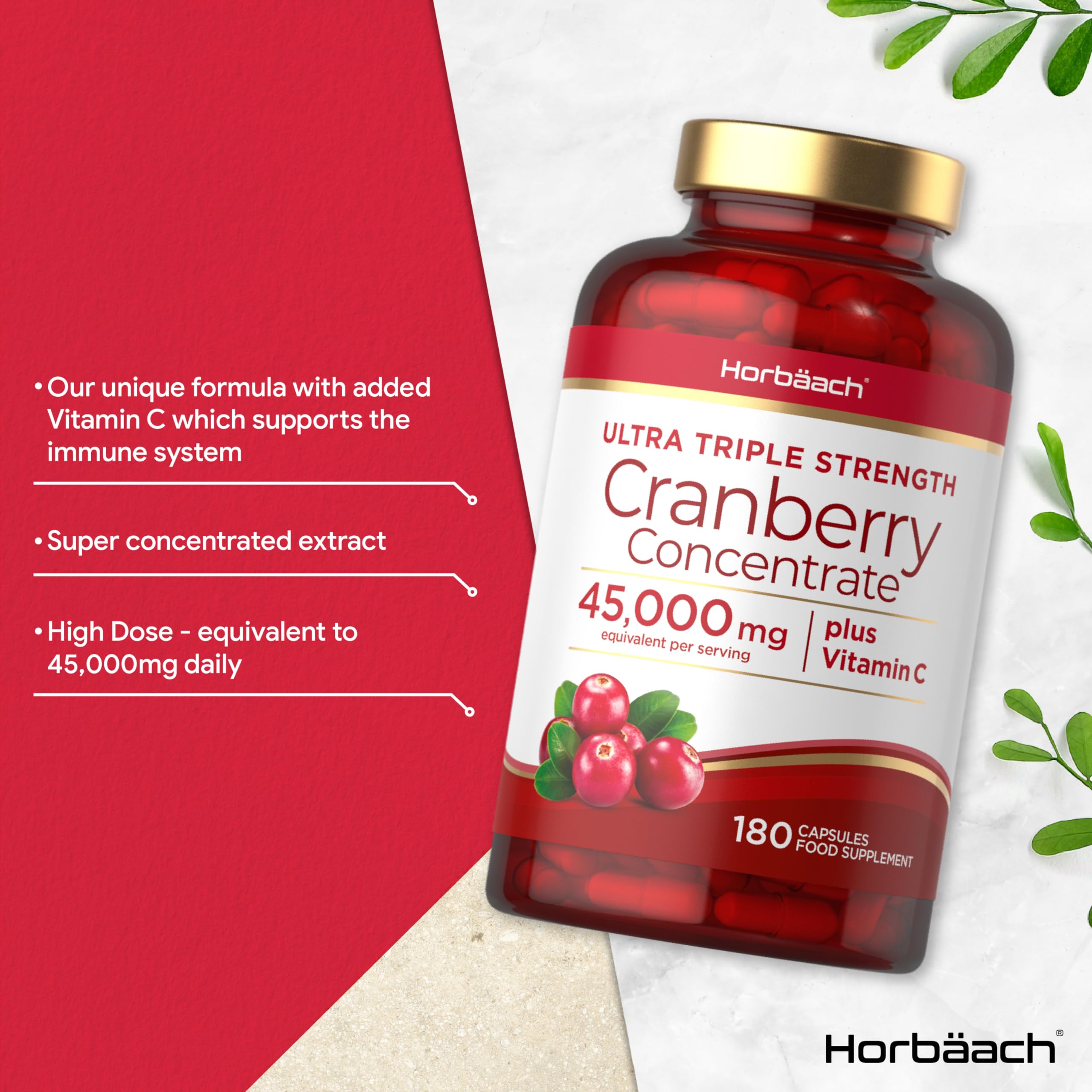 Cranberry Capsules 45,000 mg | High Strength Cranberry Extract with Vitamin C HorbäachUS supplements
