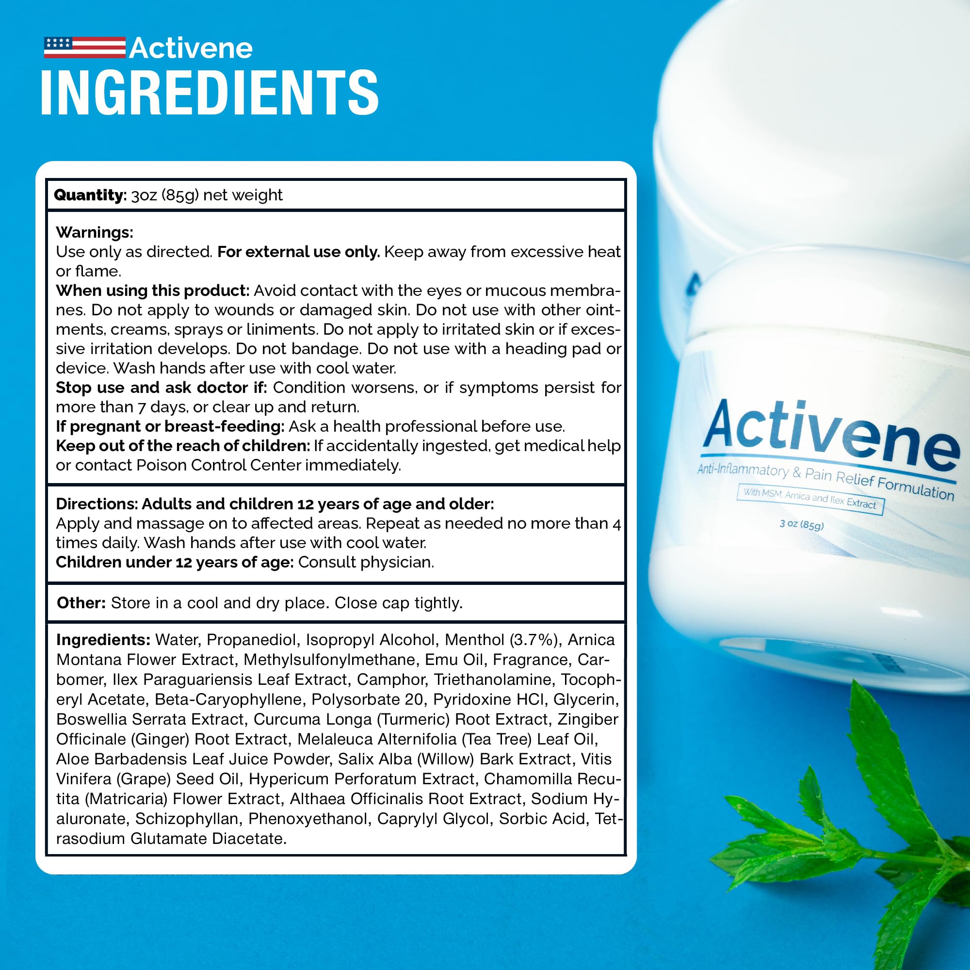 Activene Pain Relief Cream - Anti Inflammatory formulation with Powerful Arnica, Menthol & MSM for Joints, Tendons & Muscles. Chosen by Sufferers of Arthritis, Knee, Shoulder, Neck, Back & Other Pains ActiveneAu supplements