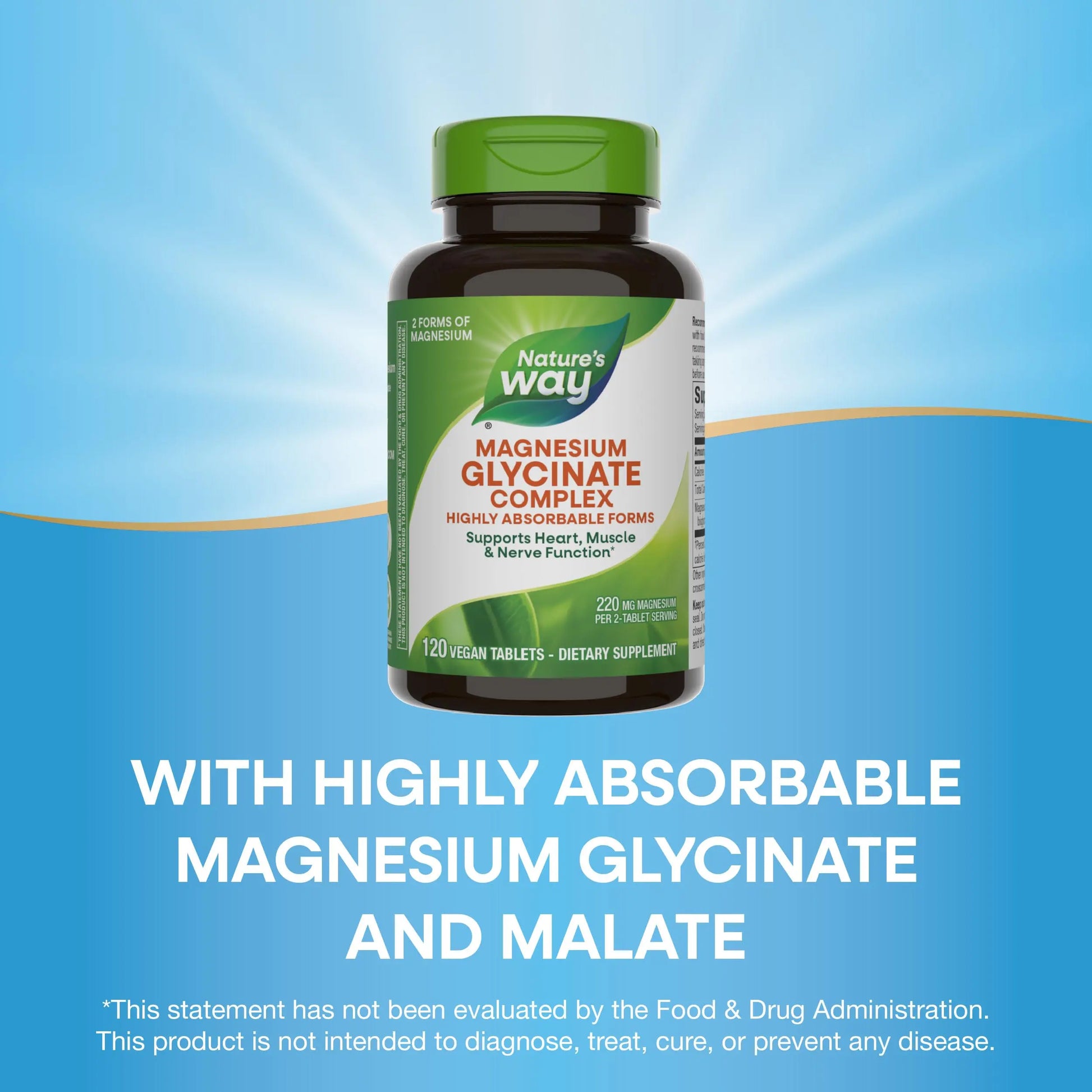 Nature's Way Magnesium Glycinate Complex, Supports Heart, Muscle, Nerve Function*, Highly Absorbable, 220 mg per 2-Tablet Serving, No Gluten, Vegan, 120 Tablets Nature's Waynz supplements