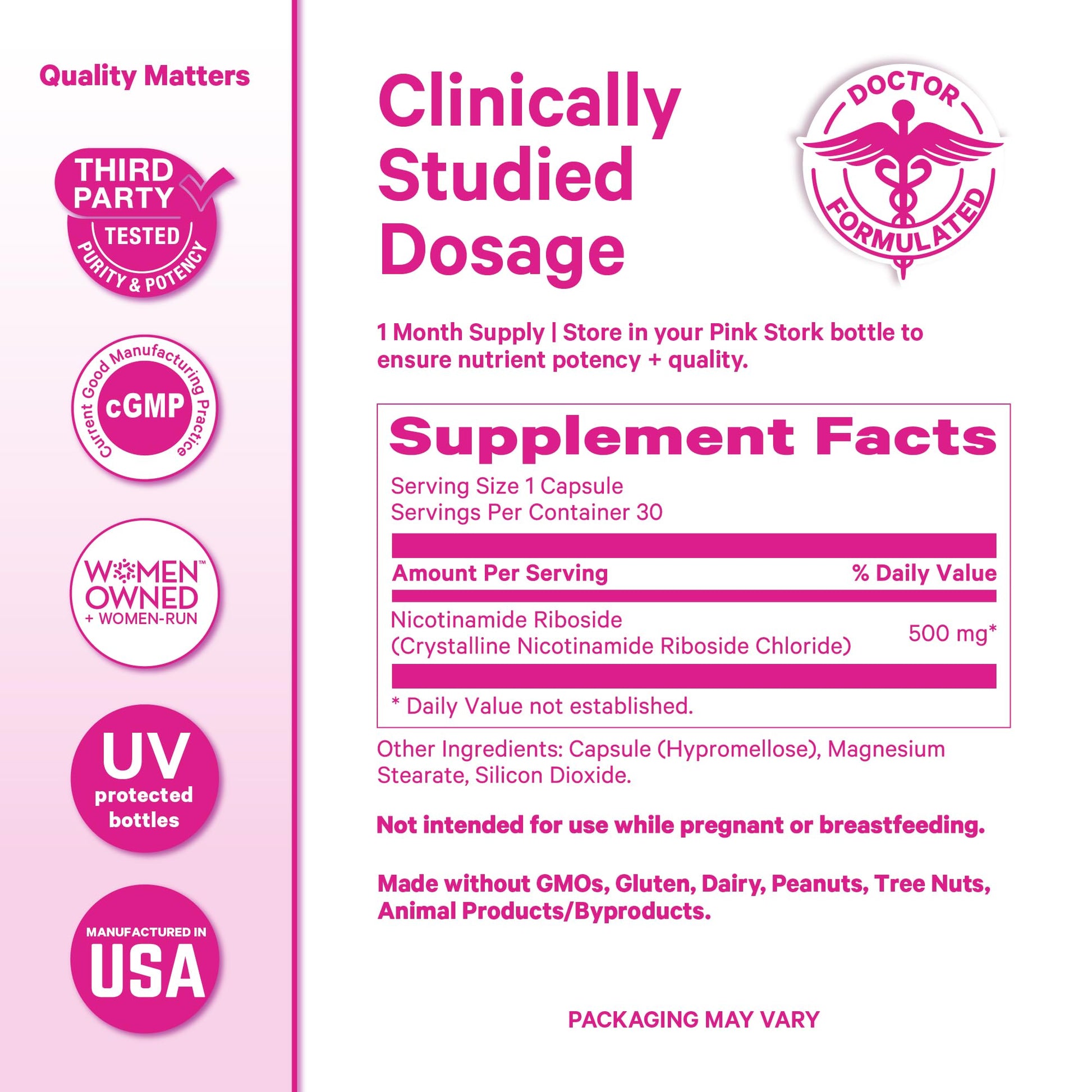 Pink Stork NAD+ Supplement for Women | 500mg Nicotinamide Riboside NR | Clinically-Studied Pure NMN Powder | Brain + Cognitive Support |Energy, Skin Essentials Over 30 | 1 Month Supply Pink StorkAu supplements