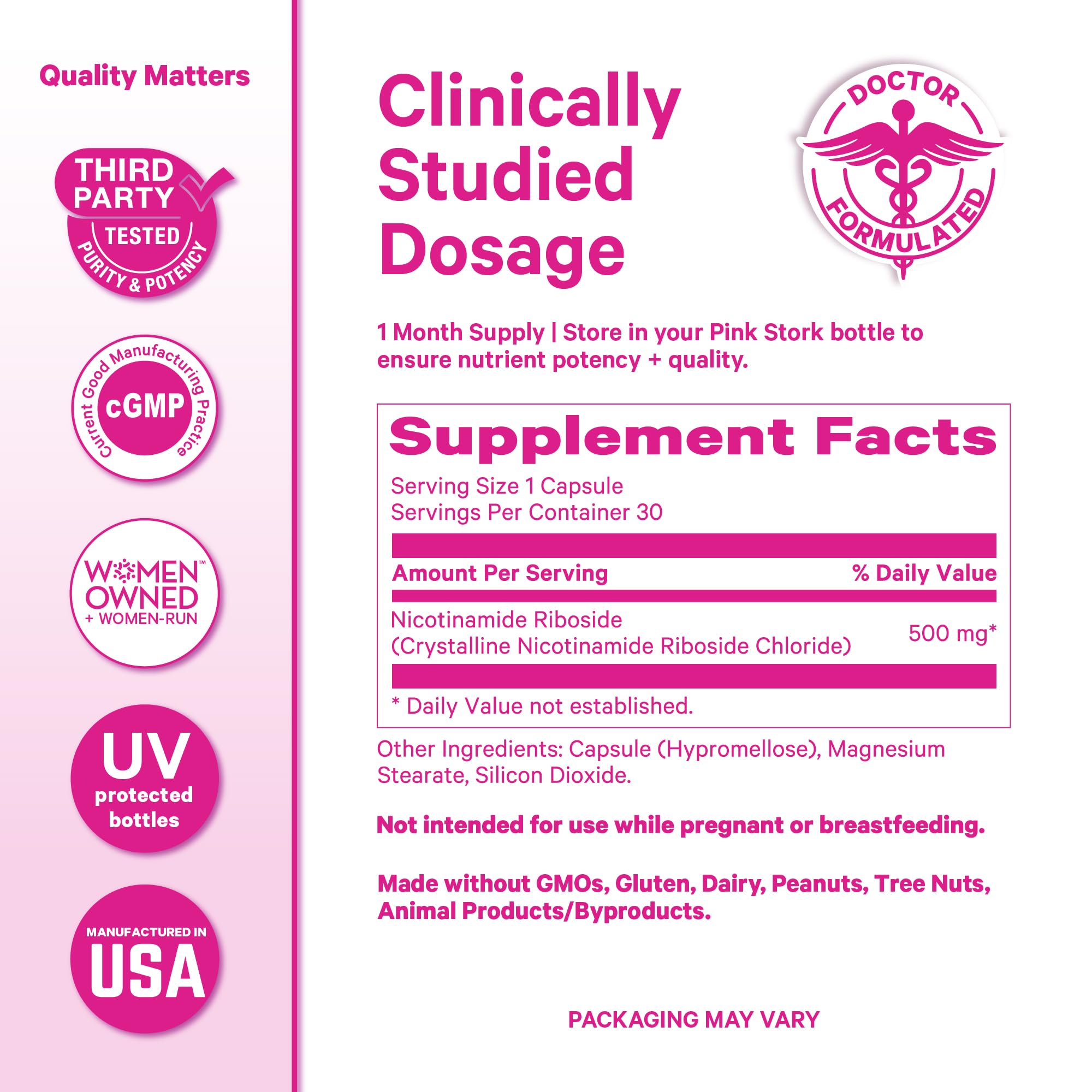Pink Stork NAD+ Supplement for Women | 500mg Nicotinamide Riboside NR | Clinically-Studied Pure NMN Powder | Brain + Cognitive Support |Energy, Skin Essentials Over 30 | 1 Month Supply Pink StorkAu supplements