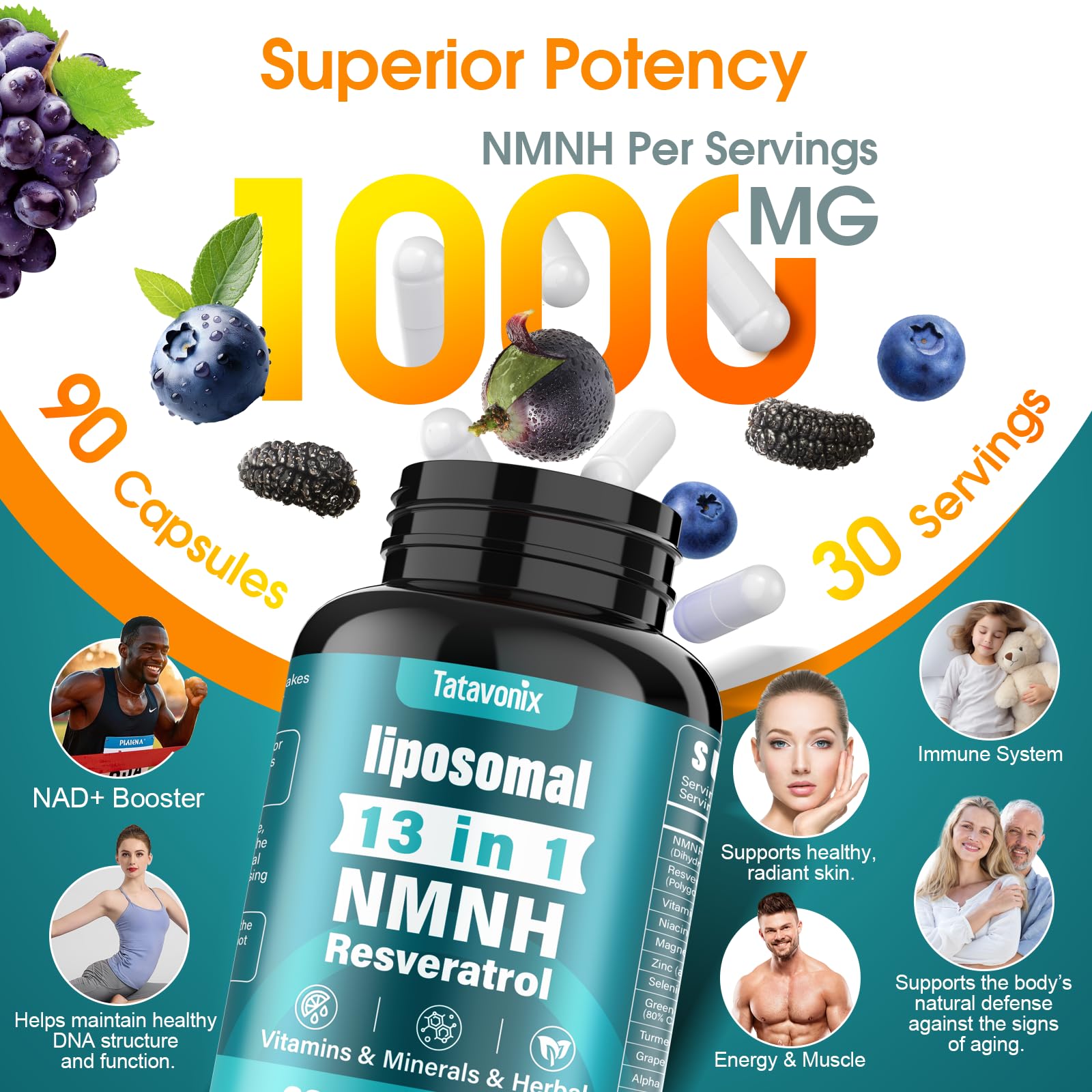 NMNH (Dihydronicotinamide Mononucleotide) 1000mg per Serving - NMN Alternative with Liposomal NAD+, Resveratrol & PQQ| Non-GMO, Gluten-Free | Supports Energy, Focus & Healthy Aging | 90 Capsules TatavonixAu supplements