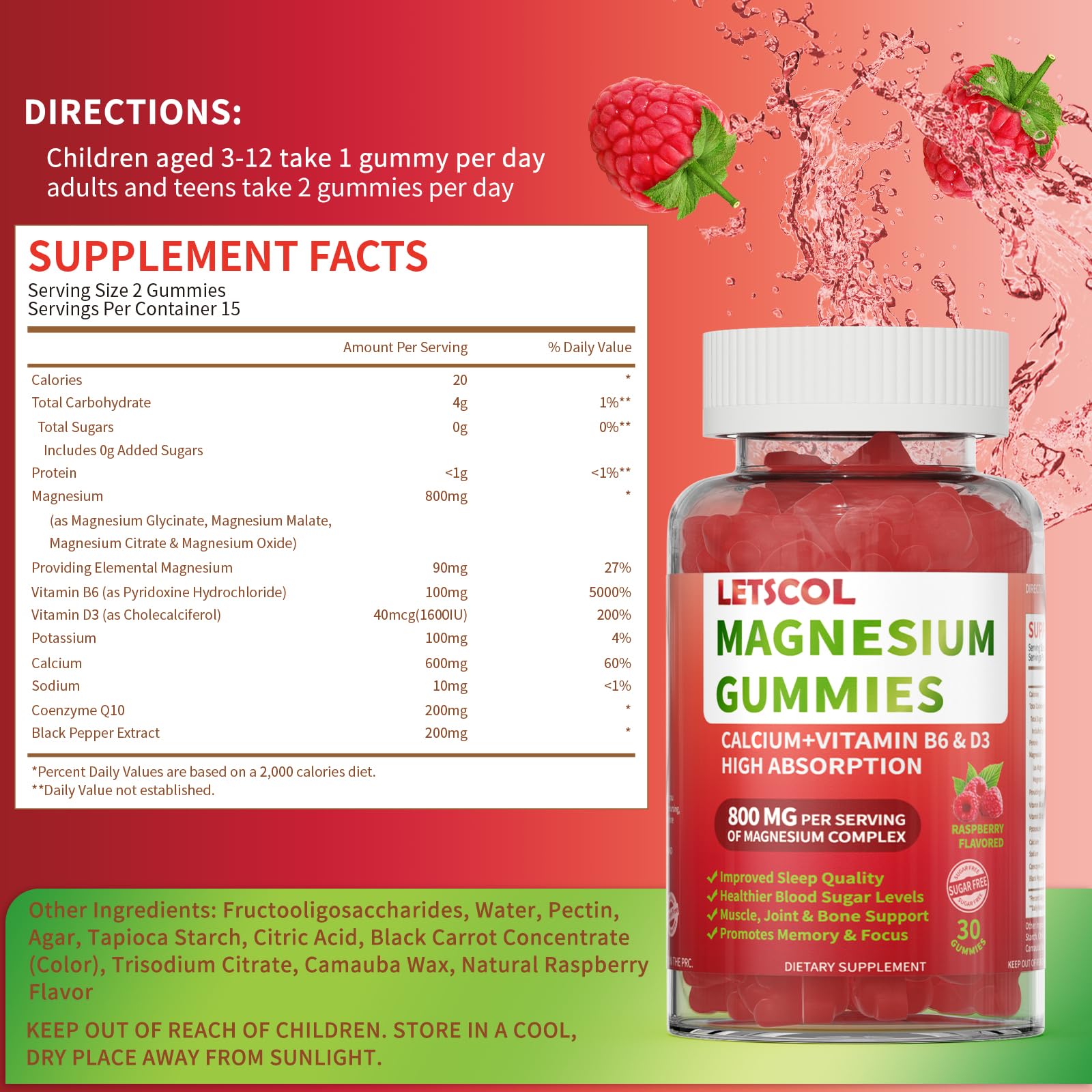 LETSCOL Magnesium Glycinate Gummies 800mg Per Serving, Sugar Free Magnesium Supplement with Magnesium Malate, Calcium, Vitamin D3, B6, CoQ10 for Calm Support & Zzz for Adults Kids LETSCOLAu supplements