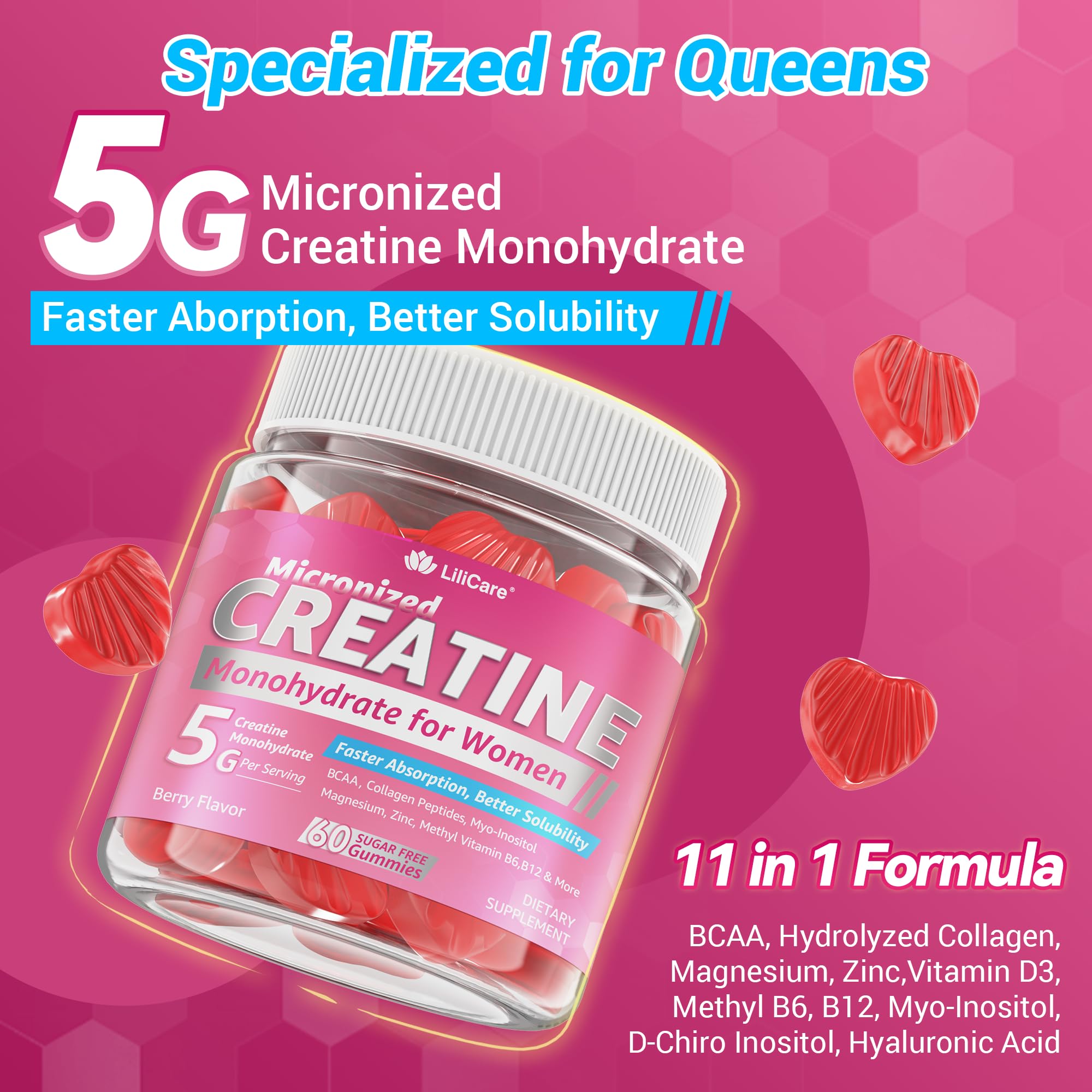 Creatine for Women Gummies, Micronized Creatine Monohydrate + Myo-Inositol, Collagen Peptides, BCAAs, Hyaluronic Acid, Vitamin B6 B12, Zinc for Enërgy, Föcus, Hörmonal Balance, Sugar Free, 120 Counts LILICAREAu supplements