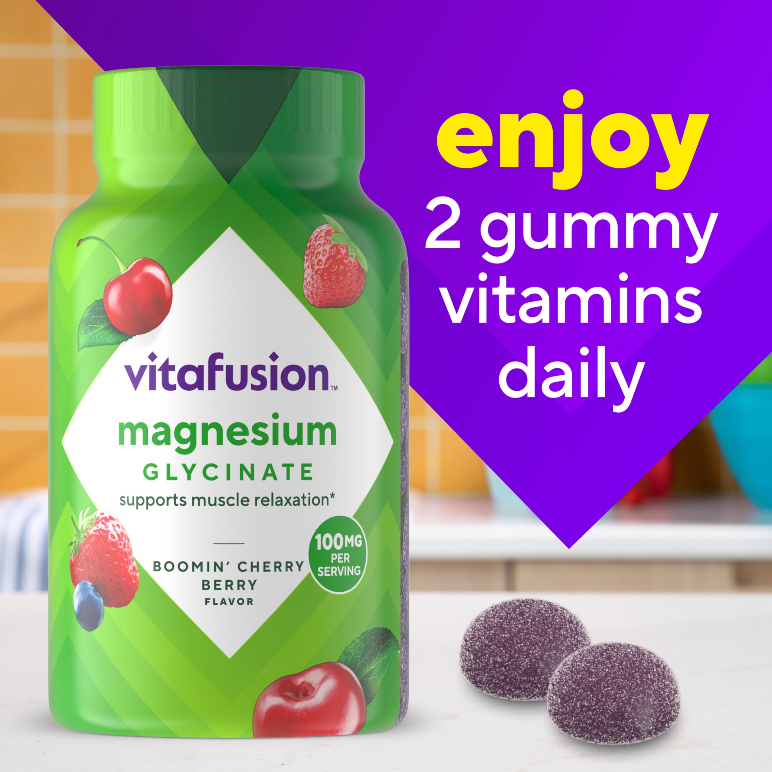 vitafusion Magnesium Glycinate Gummy Supplement, 100 mg per Serving Supports Muscle Relaxation (1) for Adult Women & Men, Boomin’ Cherry Berry Flavor, 60 Count VitafusionAu supplements