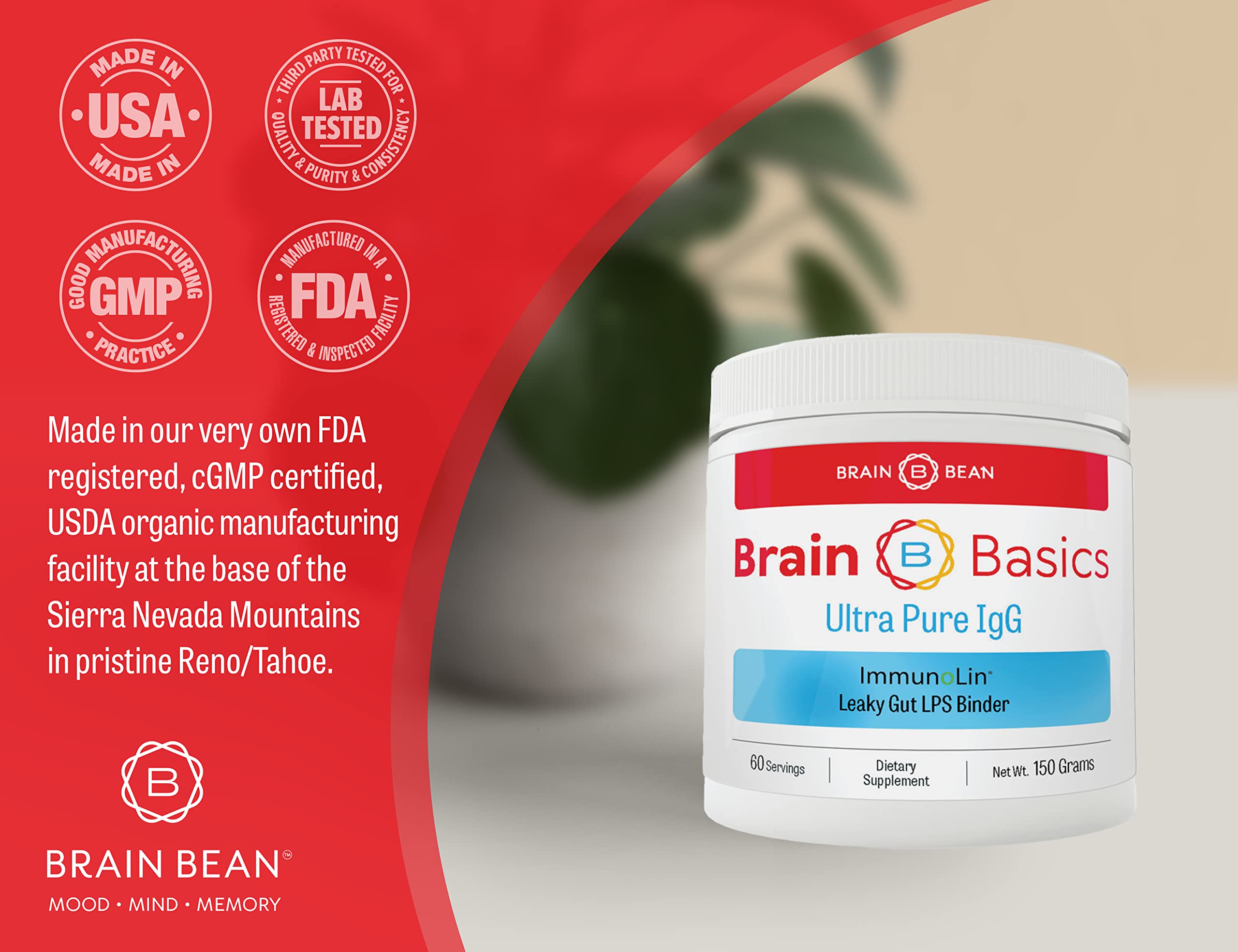 Brain Basics Ultra Pure IgG Supplement - Dairy-Free Supplement IgG-Immunolin Powder, Blended Vitamin & Mineral Supplements, 150g, 60 Servings Brain BeanAu supplements