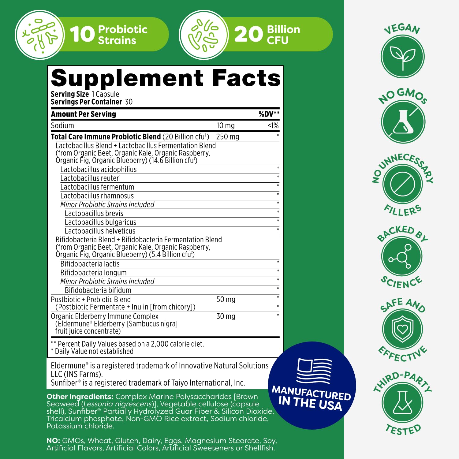 Probulin Total Care Immune = Prebiotics + Probiotics + Postbiotics + Elderberry to Support Immune & Gut Health - 20 Billion CFU - 10 Probiotic Strains, 30 Vegan Capsules ProbulinAu supplements