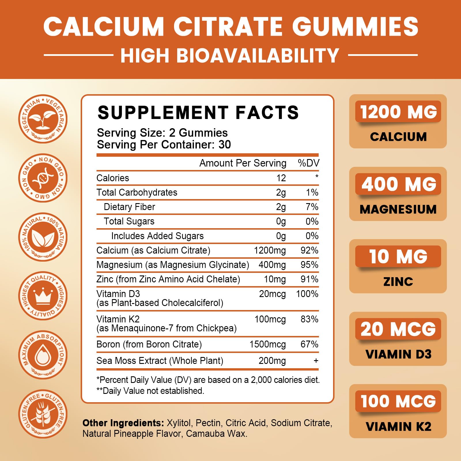 GONGOTA Calcium Citrate 1200mg with Vitamin D3 Gummies, Chewable Calcium for Bone, Muscle, Joints, Immune Support, Calcium Supplements for Women & Men,Sugar Free, Pineapple Flavor - 120 Gummies GONGOTAAu supplements