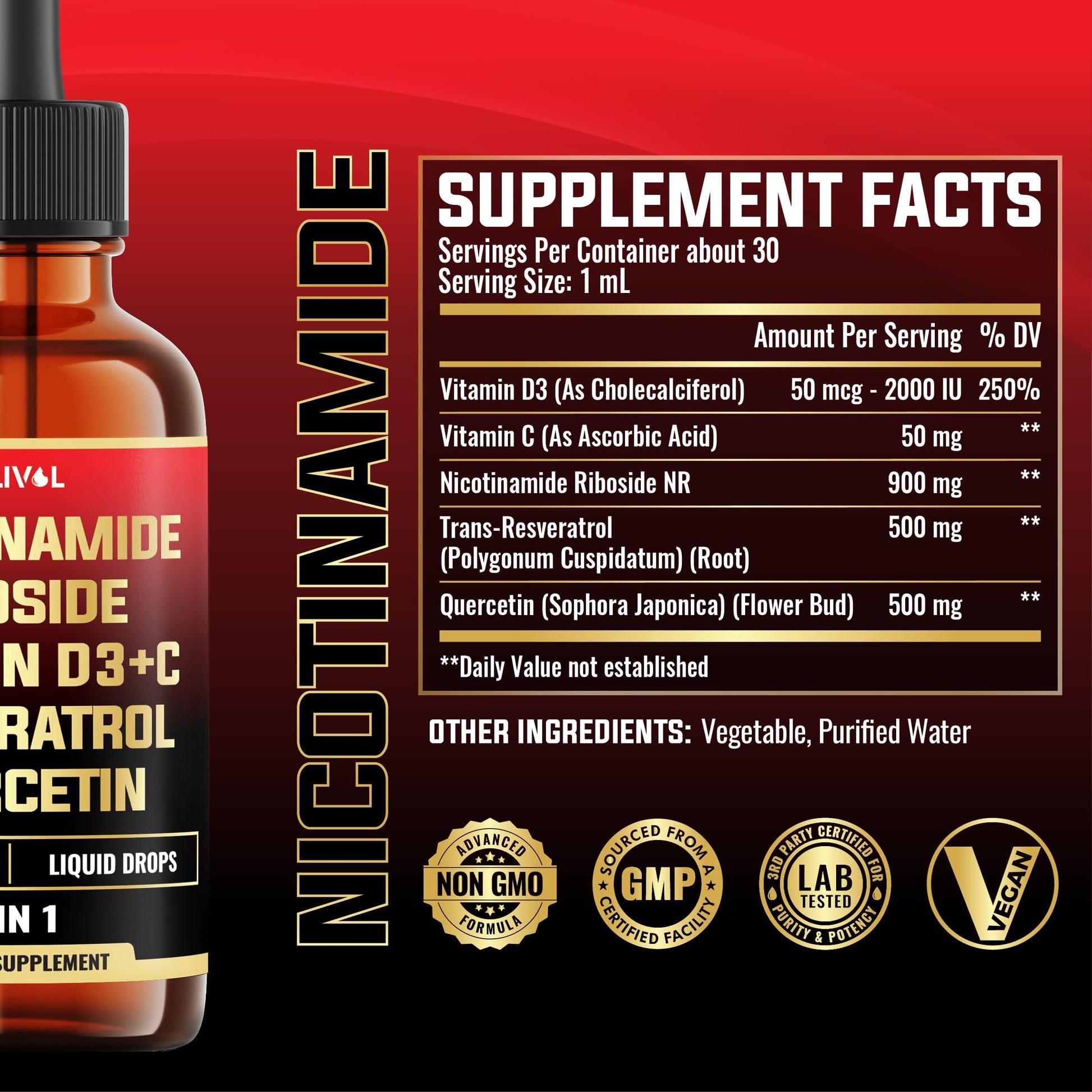 MILIVOL 5in1 NAD+ Liquid Drops w/Nicotinamide Riboside NR 900mg, Quercetin 500mg, Trans-resveratrol 500mg, Vitamin D3-C - Cellular Energy & Repair, Vitality, Healthy Aging - 1FL Oz - 1 Month Supply MILIVOLAu supplements