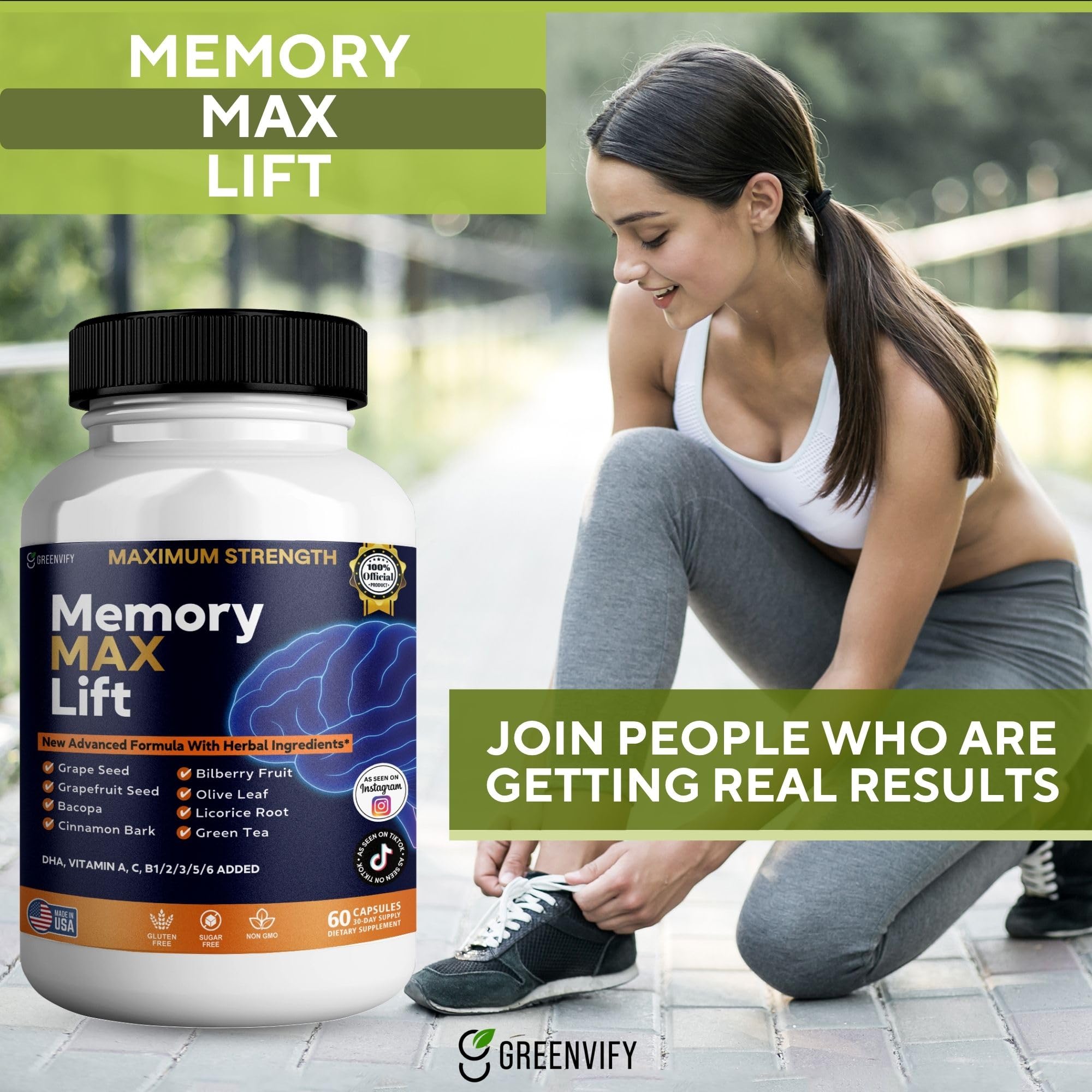 GREENVIFY Memory MAX Lift Brain Support Supplement, 60 Capsules, with Vitamins and Herbal Blend, 30 Day Supply (1) GREENVIFYAu supplements