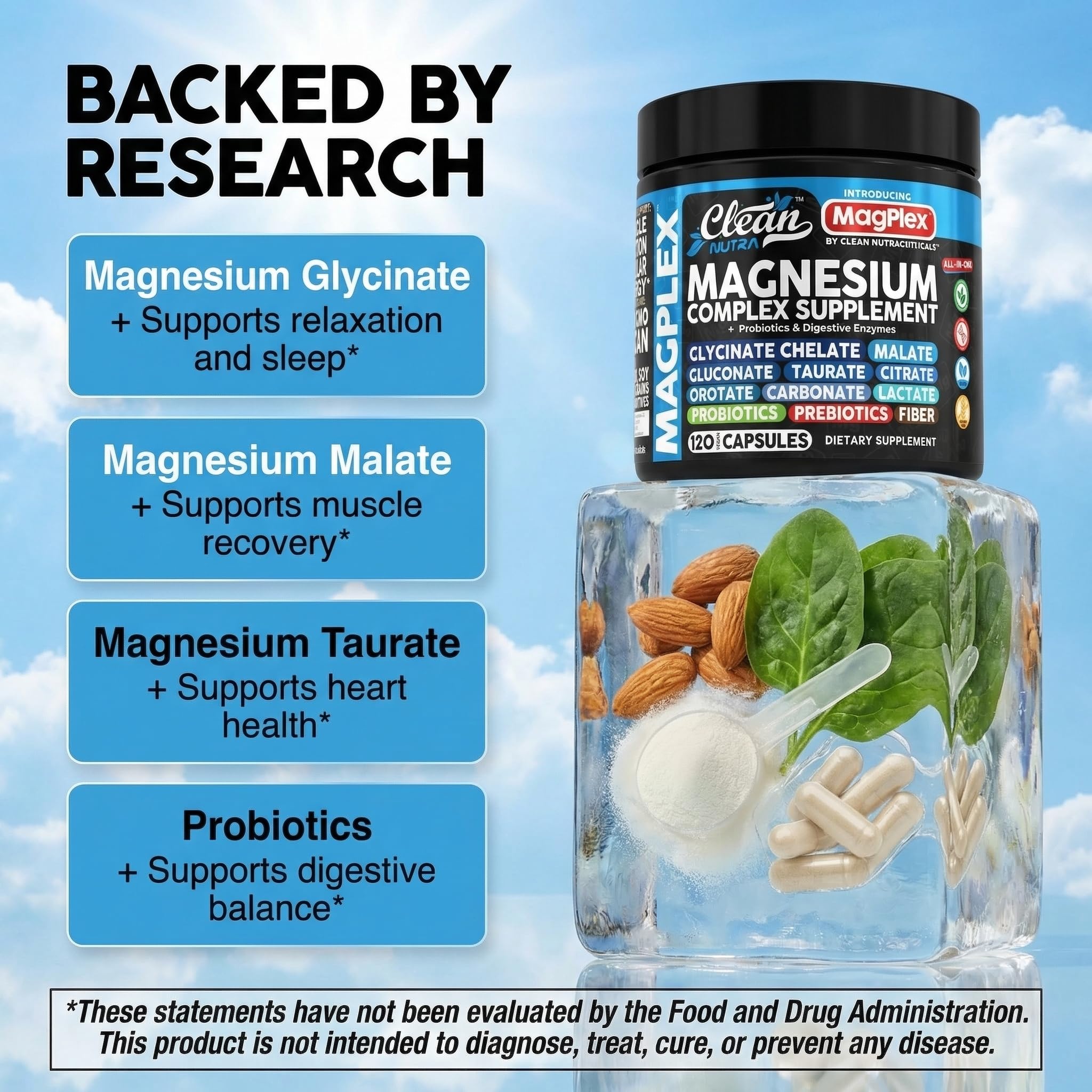 8in1 Magnesium Supplement Complex | Magnesium Glycinate Citrate Malate Gluconate Orotate Carbonate Lactate + Prebiotics Probiotics Digestive Enzymes Magnesio
