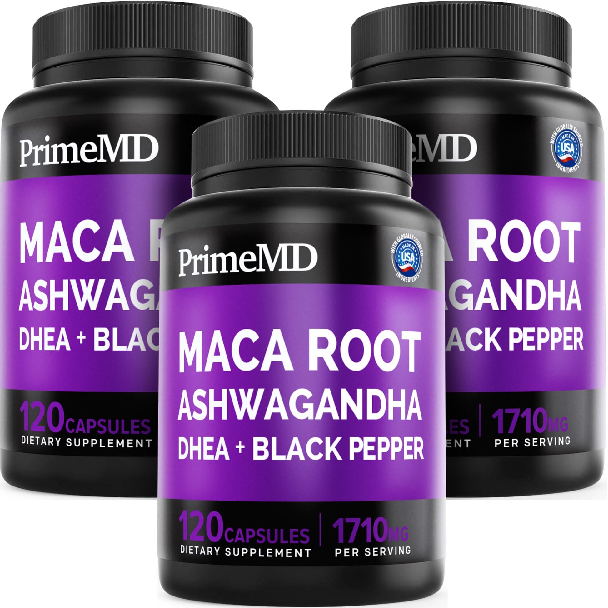 6-in-1 Organic Maca Root Ashwagandha Capsules 1710mg with DHEA and Black Pepper Fruit Extract for Women and Men - Black Maca Supplement for Stamina, Bone and Mood Support Supplement, 120ct (Pack of 3) PrimeMDAu supplements