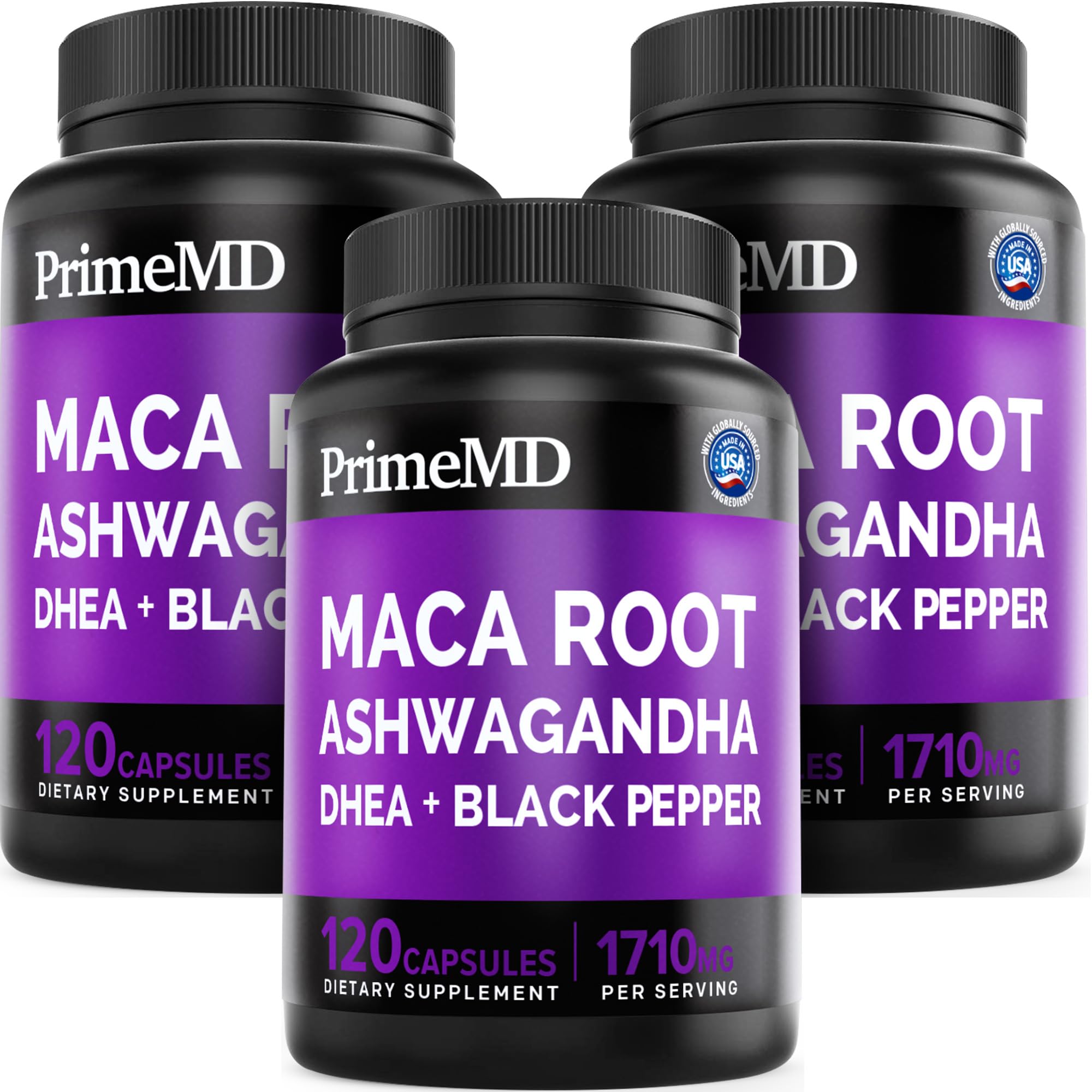 6-in-1 Organic Maca Root Ashwagandha Capsules 1710mg with DHEA and Black Pepper Fruit Extract for Women and Men - Black Maca Supplement for Stamina, Bone and Mood Support Supplement, 120ct (Pack of 3) PrimeMDAu supplements