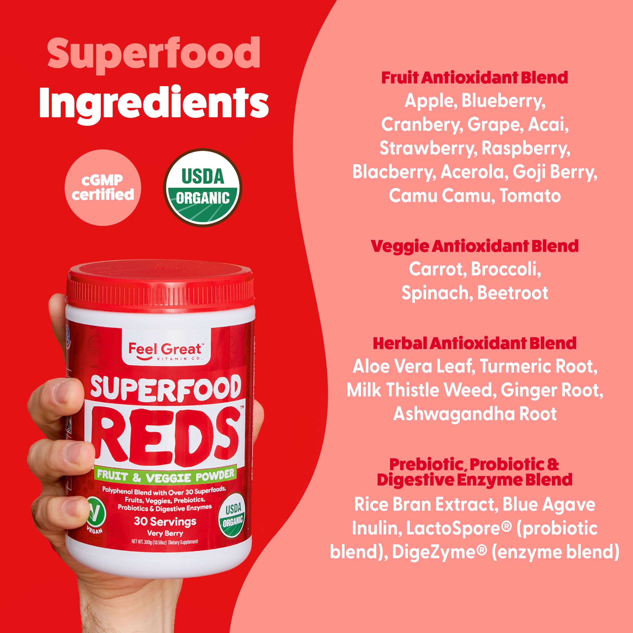 Feel Great Organic Superfood Reds Powder Packed with Beet Root Powder | Digestive Support Including Bloating Relief | Fruit and Veggie Polyphenols Supplement. The Feel Great Vitamin CompanyAu supplements