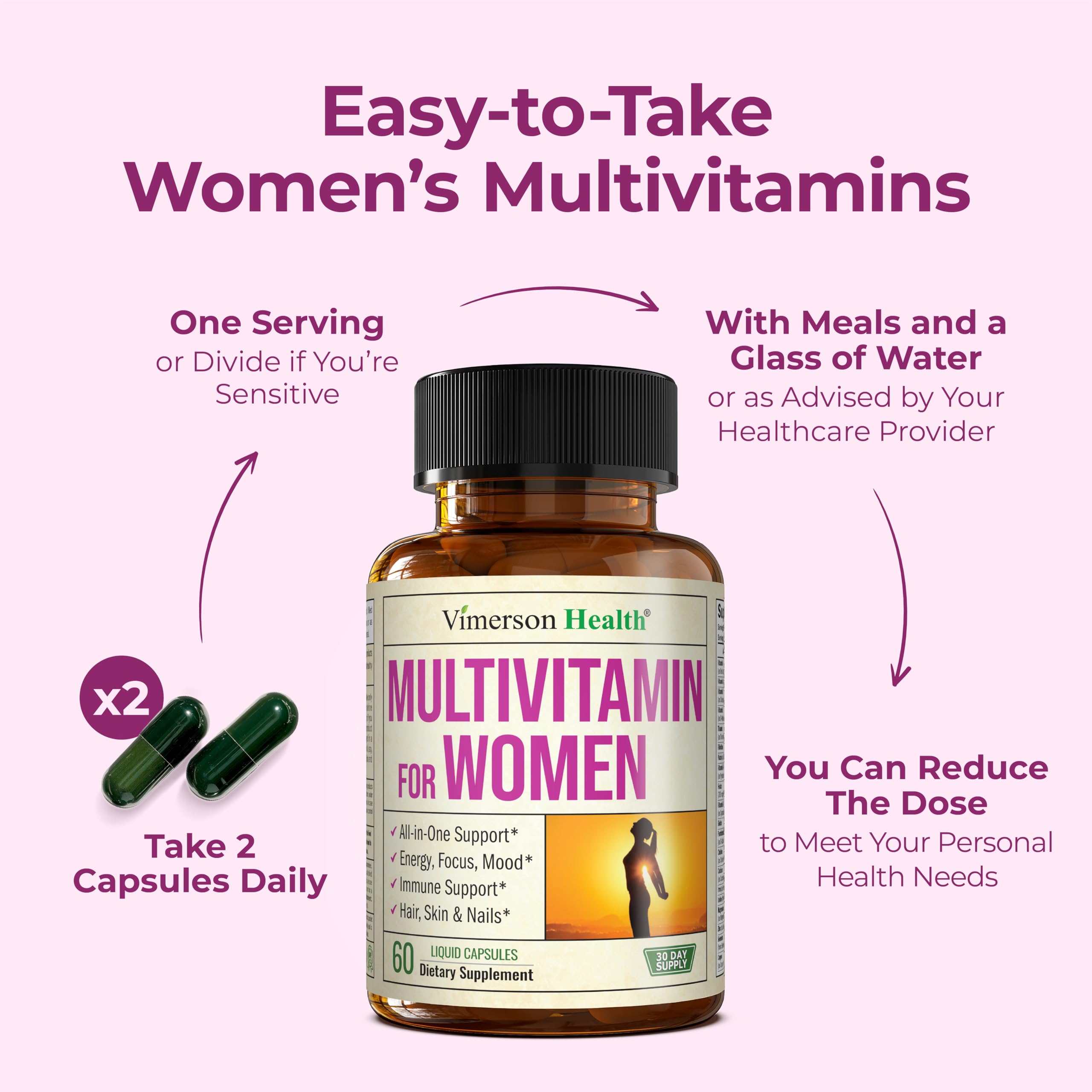 Multivitamin for Women with Bioavailable Vitamins, Minerals, Vitamin D, B12, C, A & Zinc for Energy, Focus and Immune Health – Premium Womens Multivitamins & Multiminerals – 60 Liquid Caps Vimerson HealthAu supplements