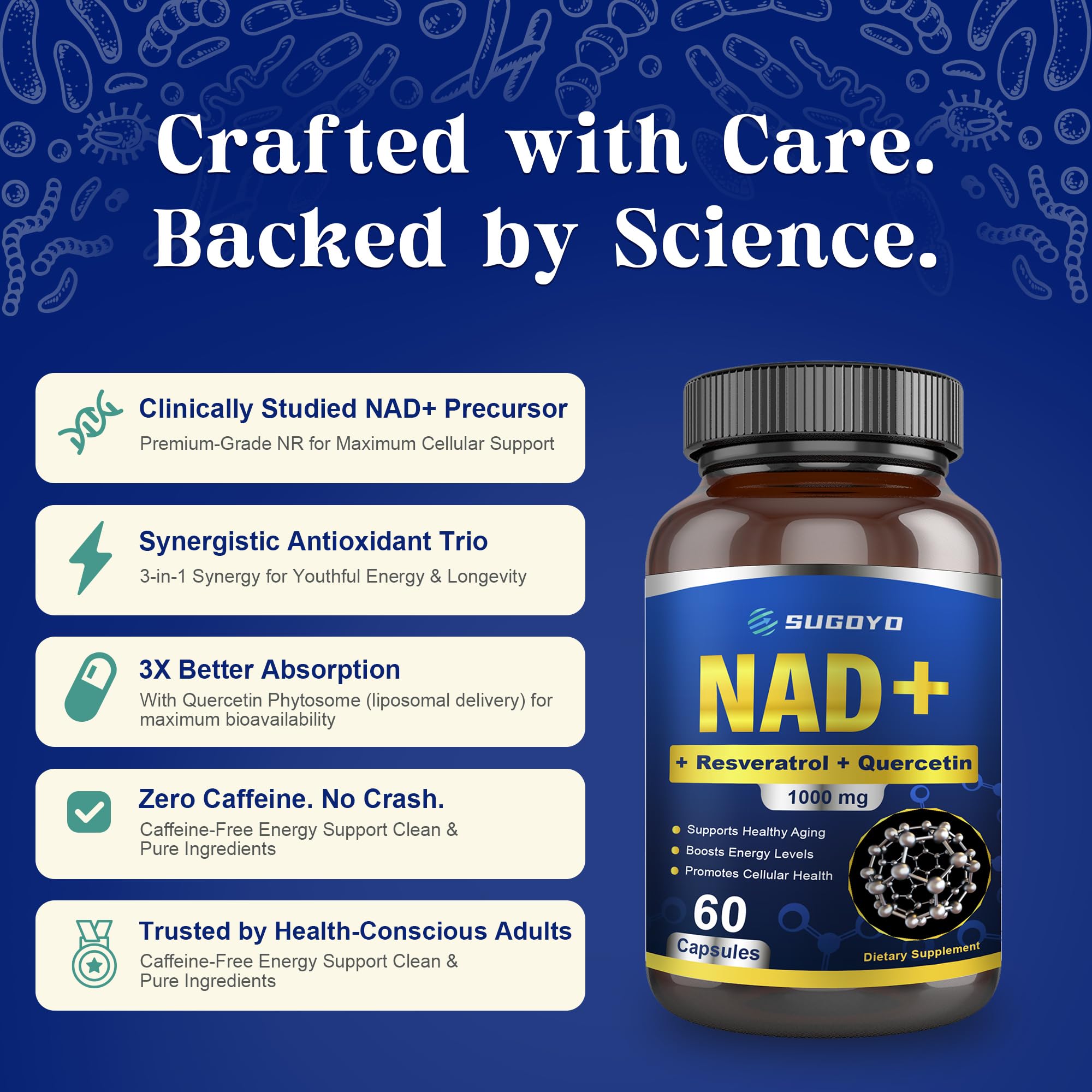 SUGOYO NAD+ Supplement 1000mg Liposomal Nicotinamide Riboside Enhanced with Resveratrol & Quercetin, Anti-Aging & Energy Boost, NMN Alternative, NAD Supplement for Women & Men (60 Count (Pack of 1)) SUGOYOAu supplements