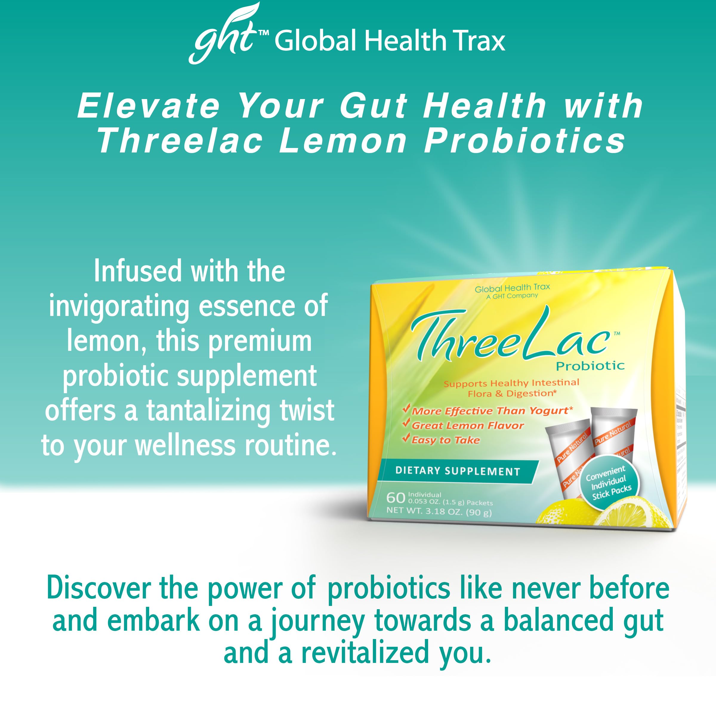 GHT - ThreeLac Lemon Probiotic Drink Mix for Digestive Health - Advanced Probiotic Powder Formula for Men, Women, and Kids - Immune Support & Gut Balance, Non-GMO - 240 Packets ght Global Health TraxAu supplements