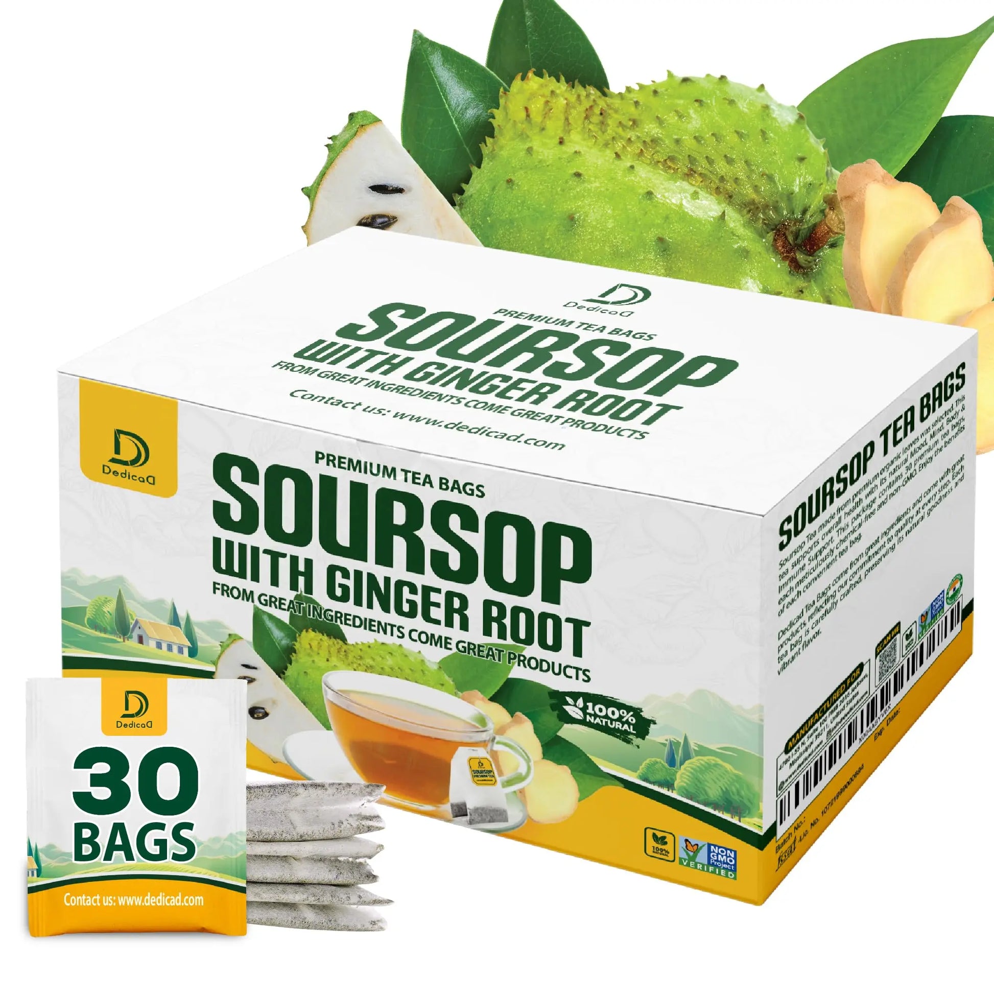 DEDICAD Soursop Leaves Tea Bags with Ginger, 30 Tea bags, 2gr/bag - Non-GMO/Caffeine free - Support Digestion, Well Skin, Immune System DEDICADAu supplements
