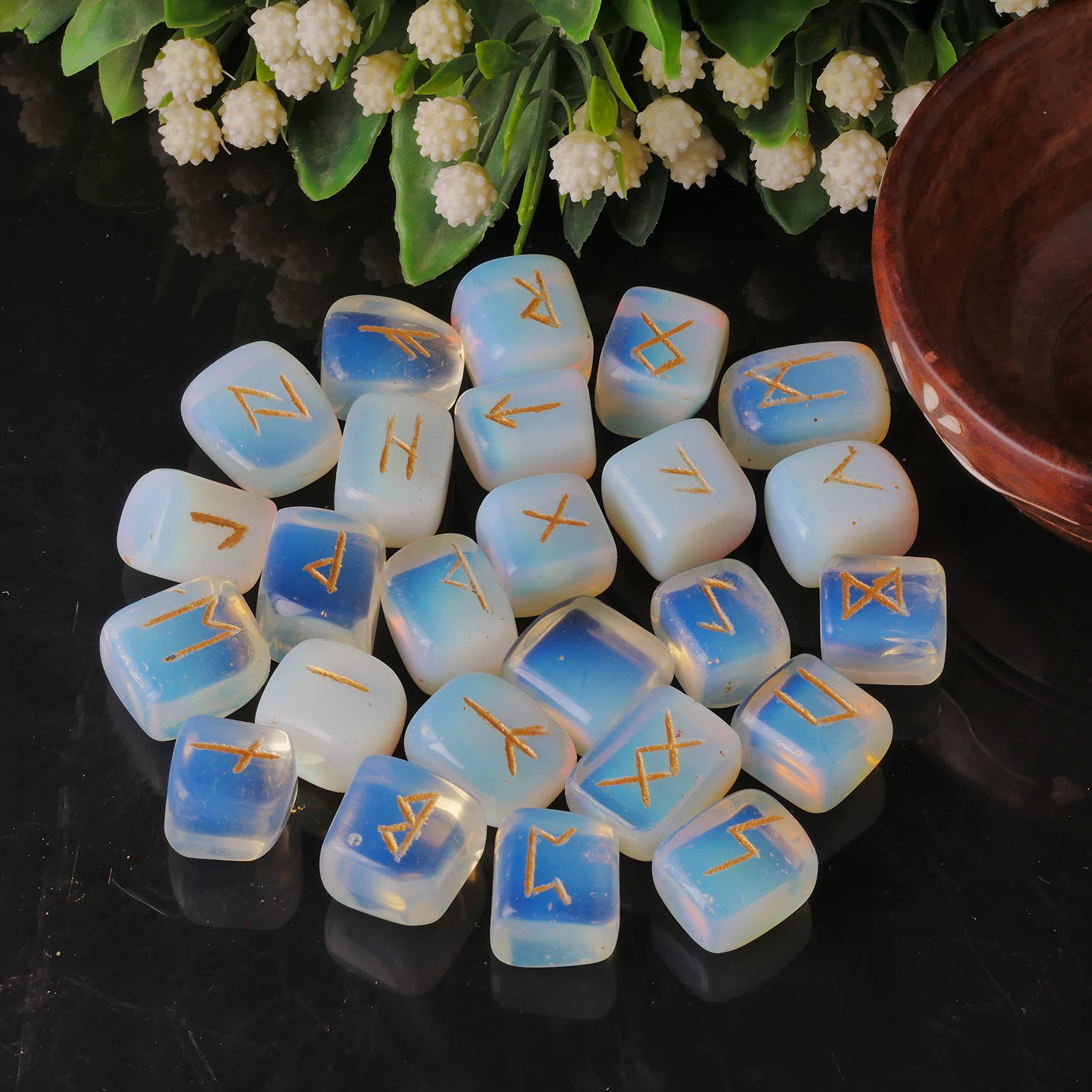 Opalite Rune Stone - Rune Set - Engraved Elder Futhark Alphabet Symbols - Witchcraft Crystals QUIPSAAu supplements