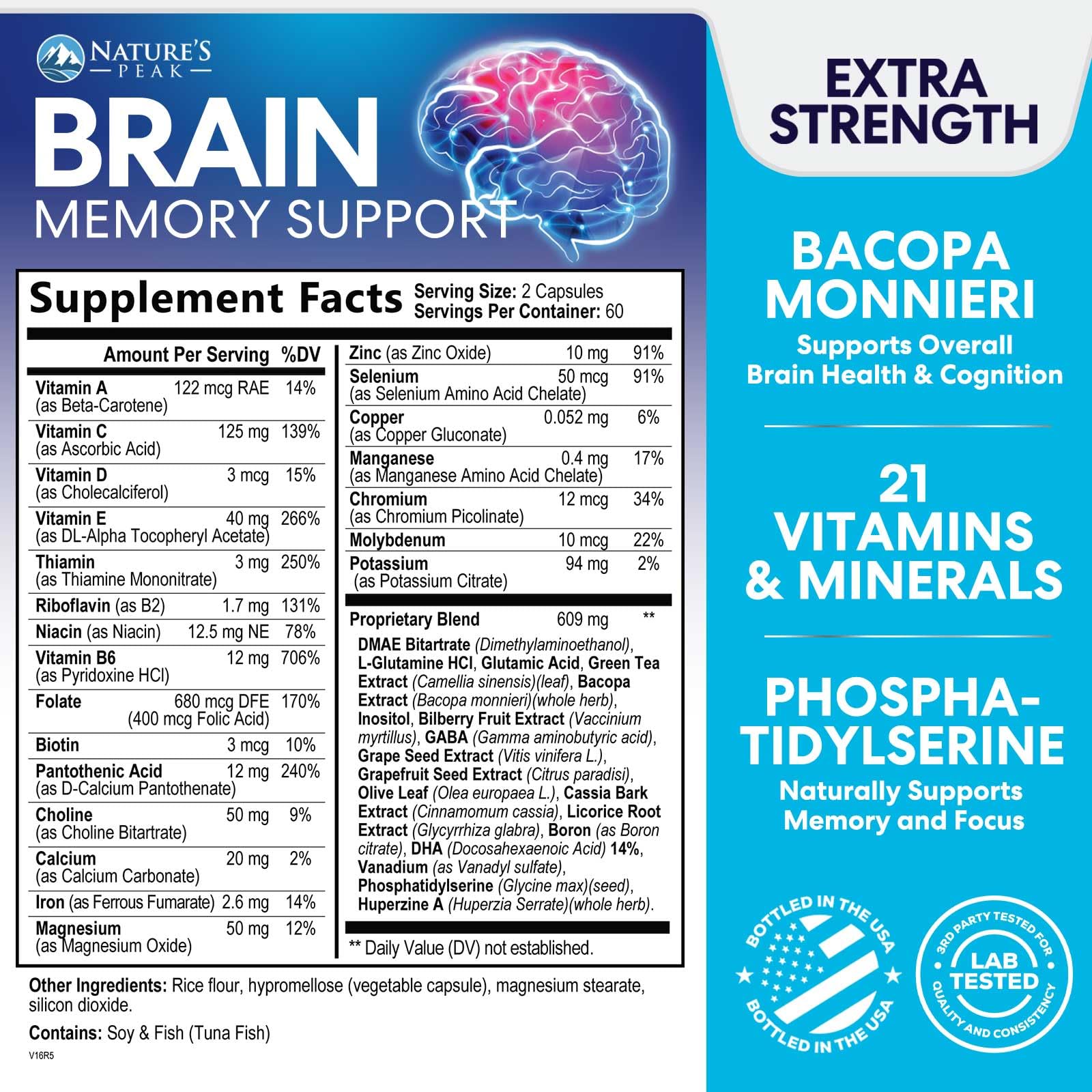 Brain Memory Supplement - 3X Strength Nootropics for Concentration, Clarity & Focus Support - Brain Health Cognitive Vitamins with Bacopa, Phosphatidylserine & DMAE, Brain Booster Pills, 120 Capsules Nature's PeakAu supplements