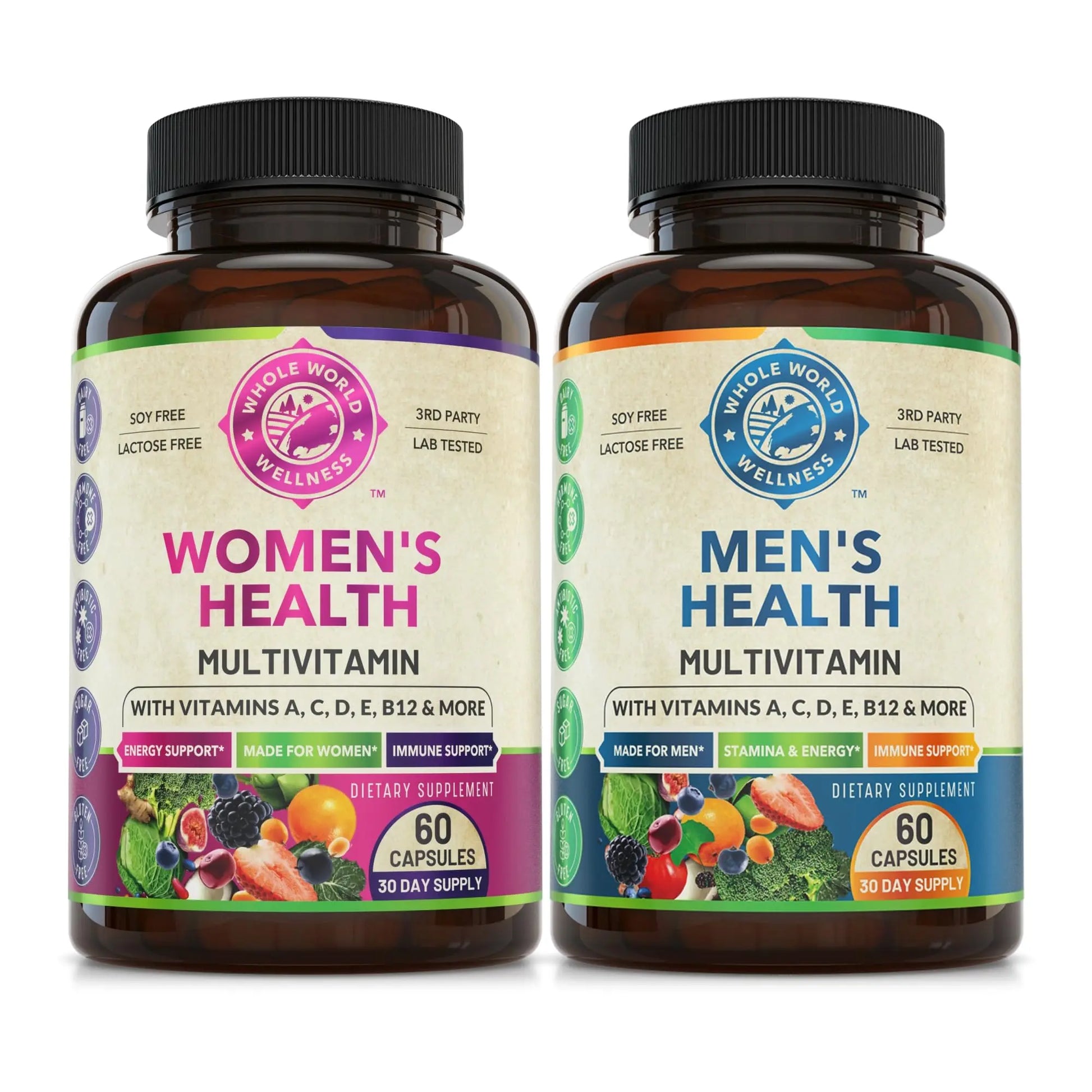 Womens Daily Multivitamins & Mens Daily Multivitamins Bundle (One Bottle Each) - Supports Holistic Wellness, Including Energy & Focus. Multivitamin & Multimineral Blend. Made in The USA. WHOLE WORLD WELLNESSAu supplements