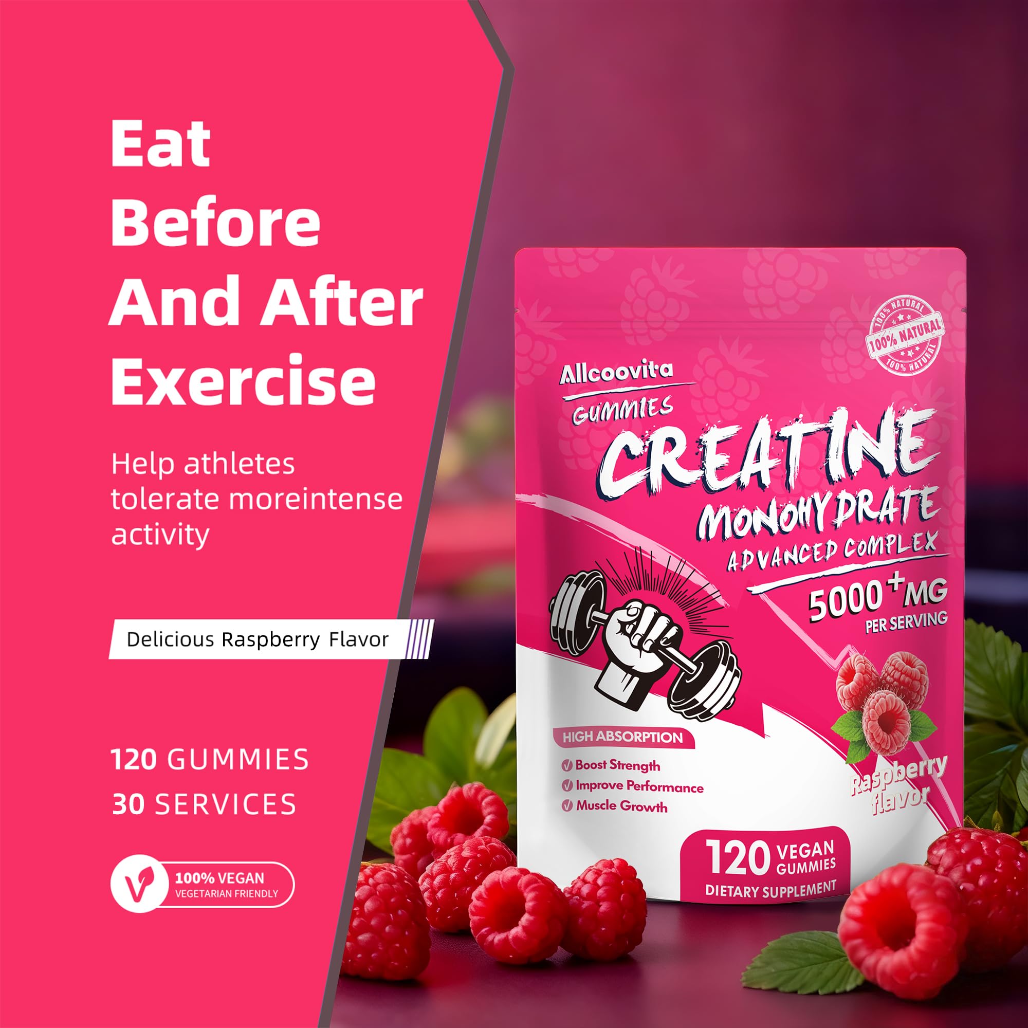NSF Certified Creatine Gummy - Creatine Monohydrate Gummies 5000mg for Men & Women -120 Gummies Advanced Formula, Muscle Strength, Muscle Builder, Energy Boost, Pre-Workout Supplement-Raspberry AllcoovitaAu supplements