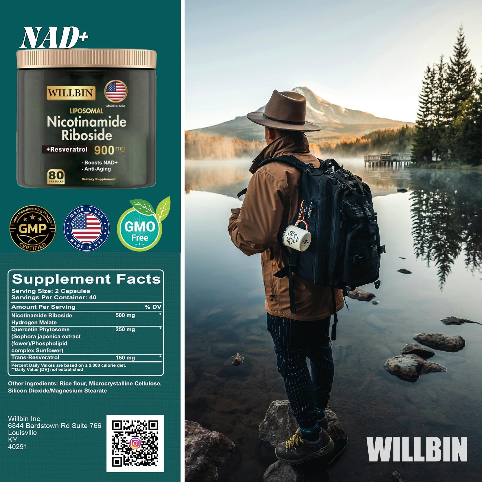 Willbin Liposomal NAD+ Supplement, Nicotinamide Riboside with Resveratrol, NAD Nicotinamide Riboside Boost Energy Focus Anti-Aging for Women & Men - 80 Vegan Capsules WillbinAu supplements