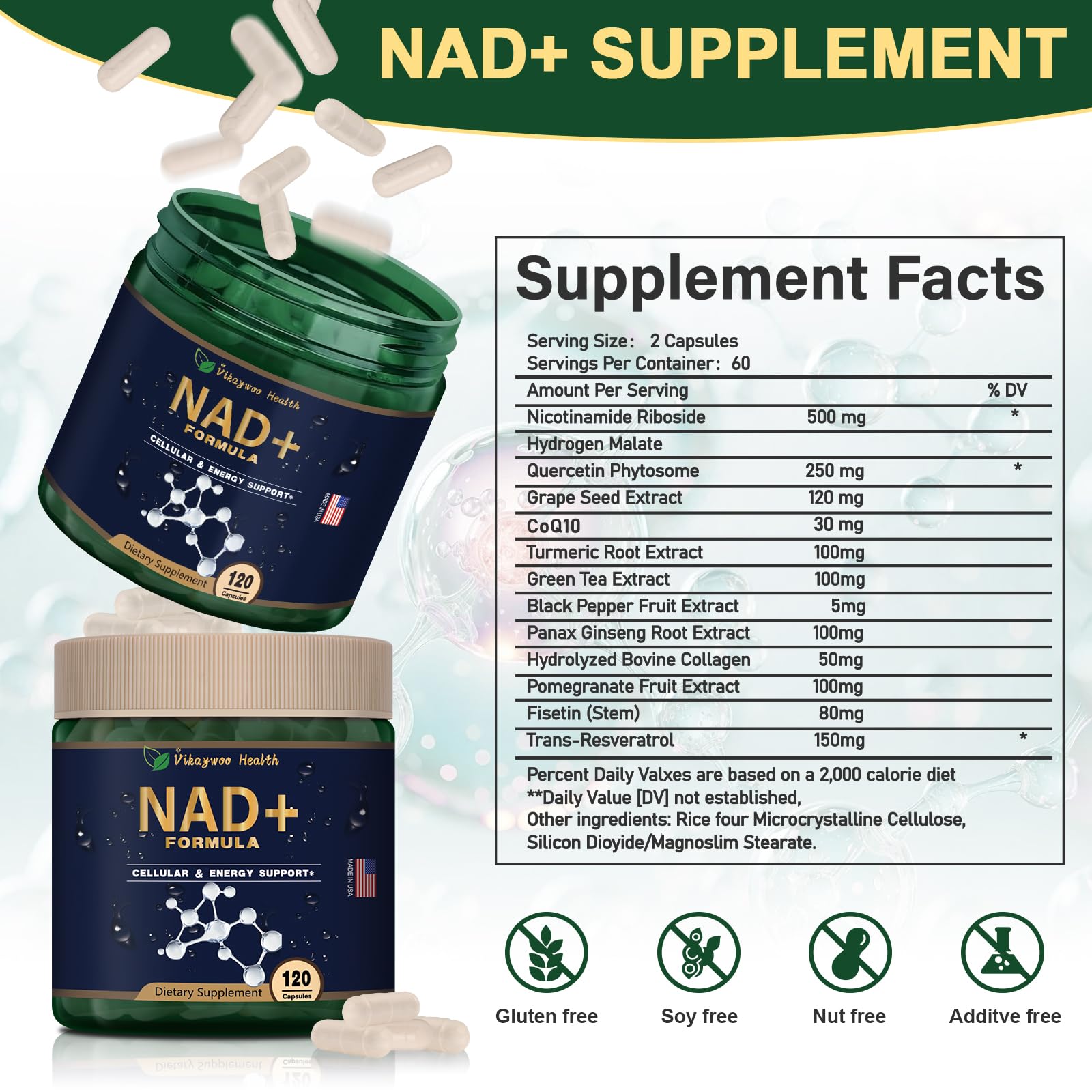 Vikaywoo NAD Supplement 1585 Mg -True NAD & Resveratrol, NMN Alternative Liposomal NAD+ for Women & Men, Support Cellular Health, Stamina & Healthy Aging - 120 Capsules VikaywooAu supplements