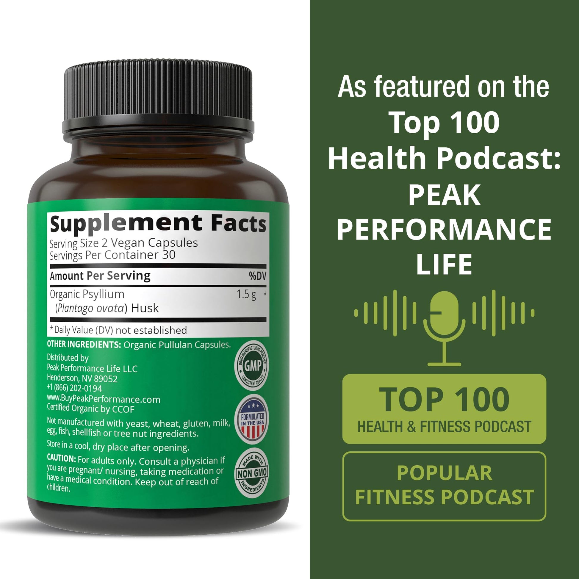 USDA Organic Psyllium Husk Vegan Capsules Made with Organic Psyllium Husk Seed. Fiber Supplement for Gut. Digestive Prebiotics. Pills for Digestion, Roughage Without Bloating. Tablets Peak PerformanceAu supplements