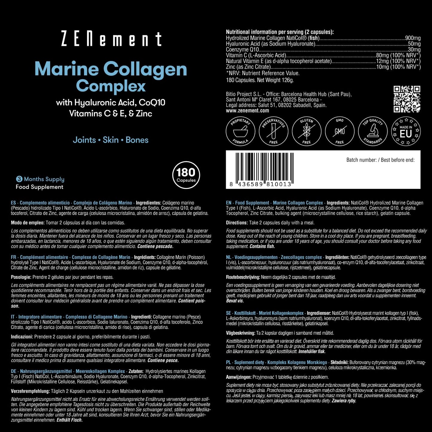 Marine Collagen Complex, with Hyaluronic Acid, CoQ10, Vitamins C & E, & Zinc, 180 Capsules ZenementUS supplements