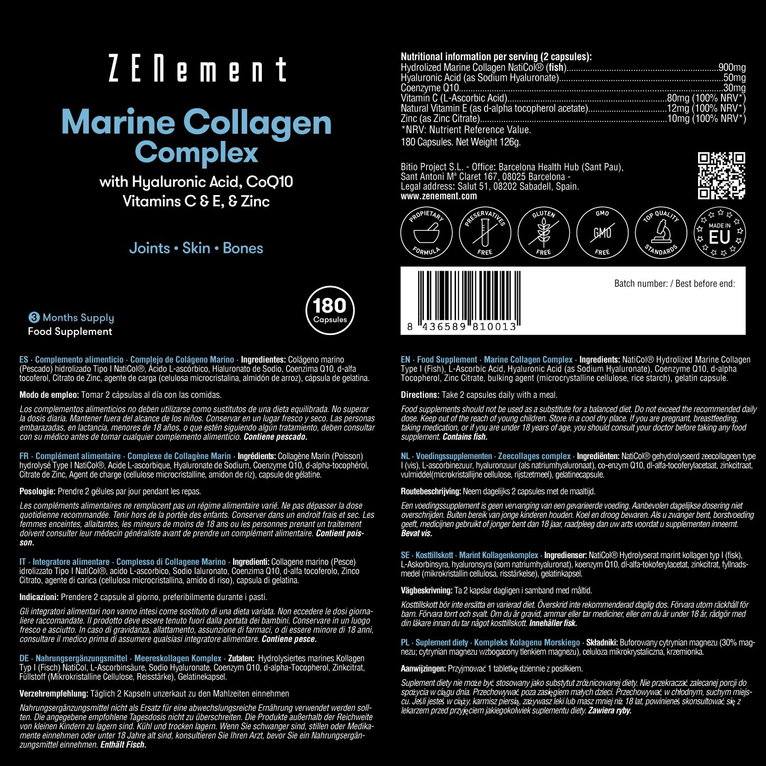 Marine Collagen Complex, with Hyaluronic Acid, CoQ10, Vitamins C & E, & Zinc, 180 Capsules ZenementAu supplements