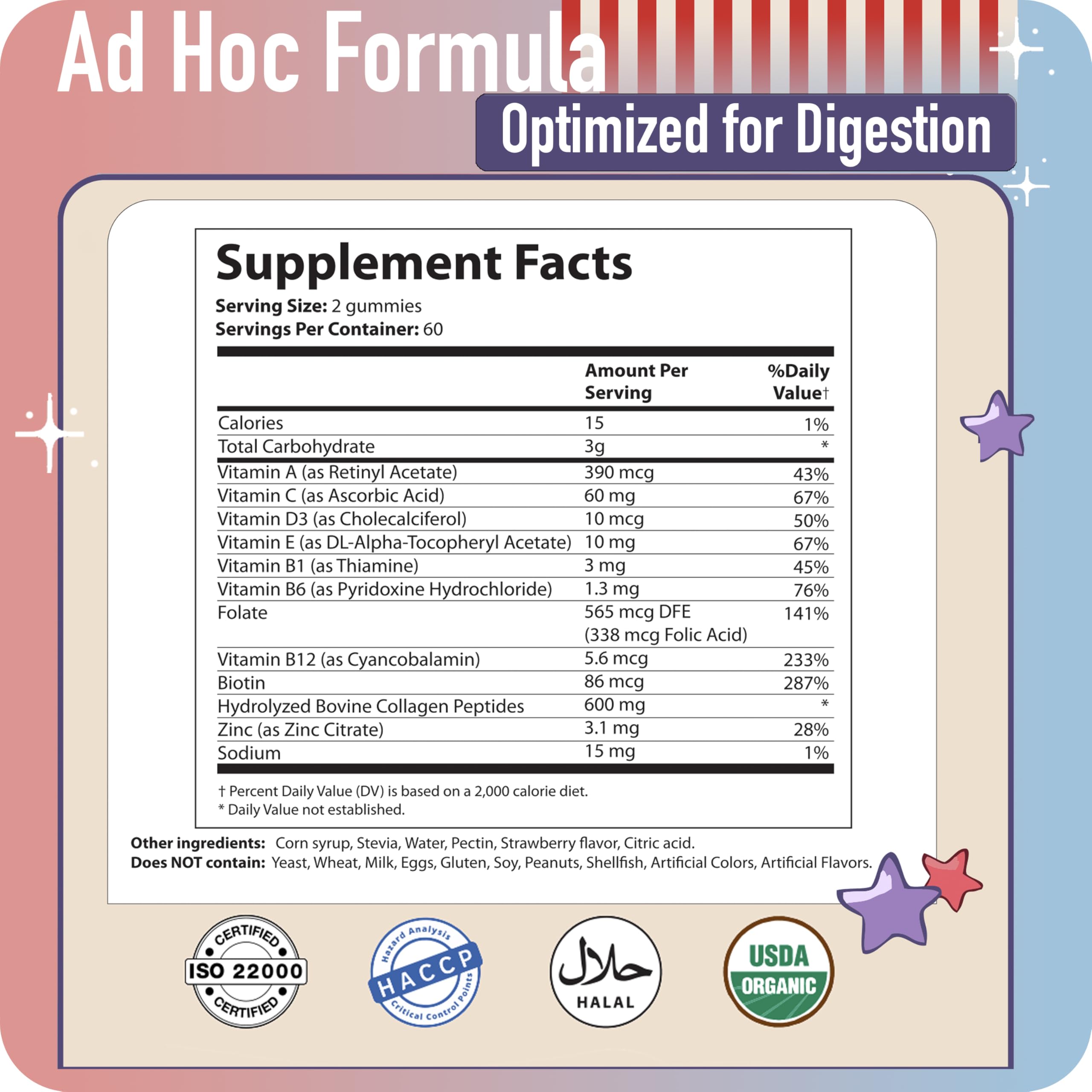 Collagen Peptides Gummies for Women – Biotin, Zinc, Vitamin D3 – 120 Count – Hydrolyzed Collagen Gummy Complex – Hair, Skin & Nails Support – Sugar-Free, Halal, Lactose-Free, Strawberry Cream Flavor ad hocAu supplements