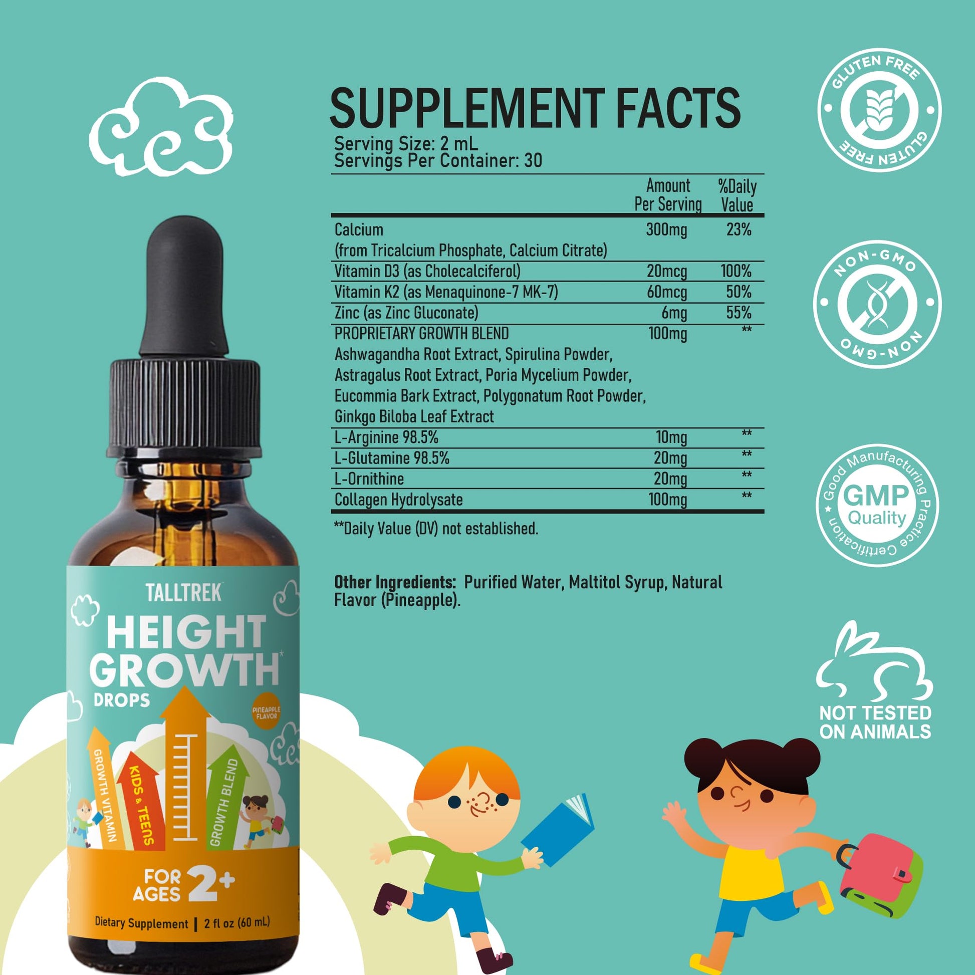 TallTrek Height Growth Supplement Drops for Kids - Teens Bone Growth Height Increase and Maximizer Immune Health Drops with Vitamins D3 K2 Zinc & Calcium - Gluten Free Vegan Pineapple Flavor TallTrekAu supplements