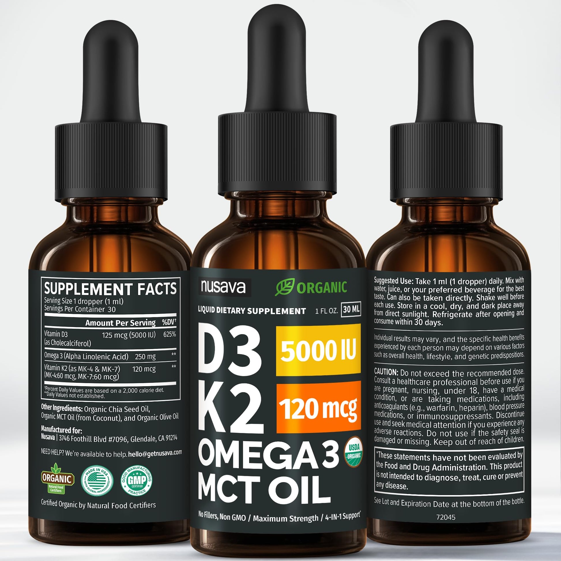 (2 Pack) Organic Vitamin D3 K2 Drops with MCT Oil Omega 3, 5000 IU, Maximum Strength Vitamin D Liquid, No Fillers, Non-GMO Liquid D3 for Faster Absorption and Immune Support (Unflavored, 2 Fl Oz) NUSAVAAu supplements