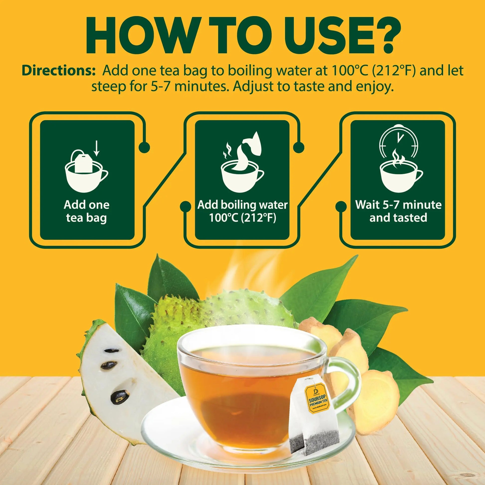 DEDICAD Soursop Leaves Tea Bags with Ginger, 30 Tea bags, 2gr/bag - Non-GMO/Caffeine free - Support Digestion, Well Skin, Immune System DEDICADnz supplements