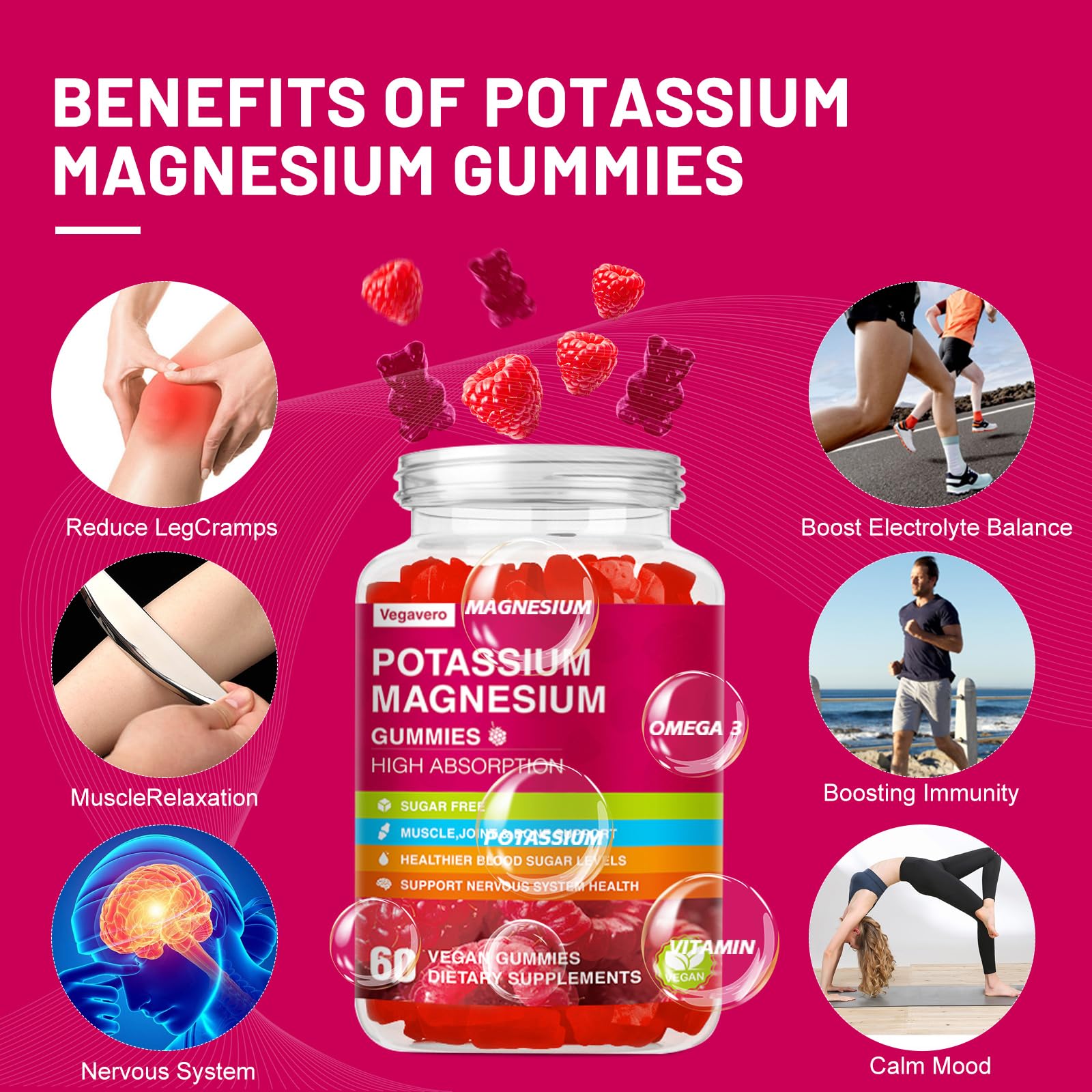 Potassium Magnesium Gummies - High Absorption Magnesium Glycinate & Potassium Citrate Plus Coenzyme Q10, DHA, D3, Mineral & Calcium for Zzz, Leg Cramps & Muscle - 60 Raspberry Gummies VegaveroAu supplements