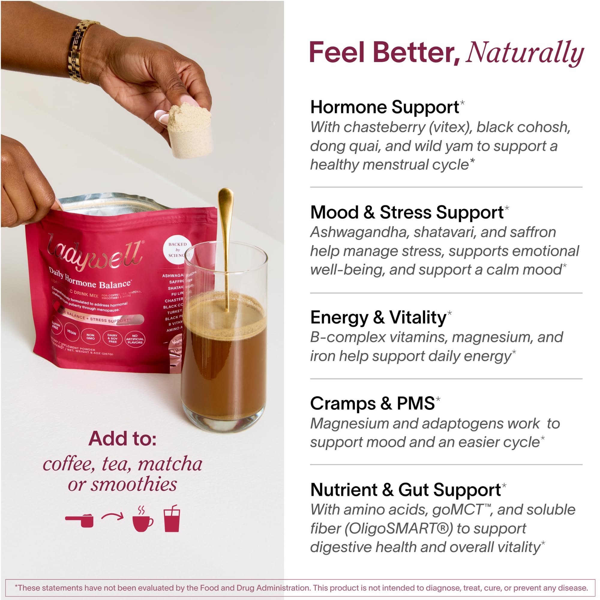 Ladywell Daily Hormone Balance Powder | Natural Cycle Support for Women | Supports Mood, Bloating, Cramps, Skin Health & Cravings with Chasteberry, B Vitamins, Ashwagandha, Saffron + | 30 Servings LadywellAu supplements