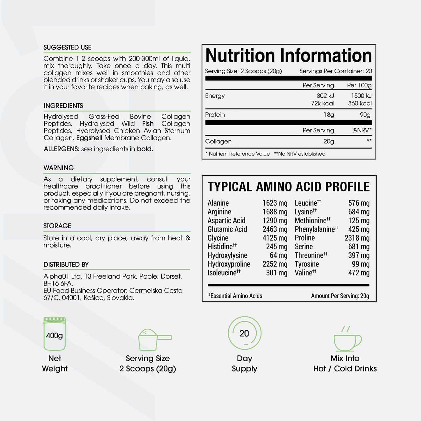 Multi Collagen Protein Powder (400g) - Types I, II, III, V & X - Hydrolyzed Grass Fed Bovine, Wild Caught Fish ALPHA01US supplements