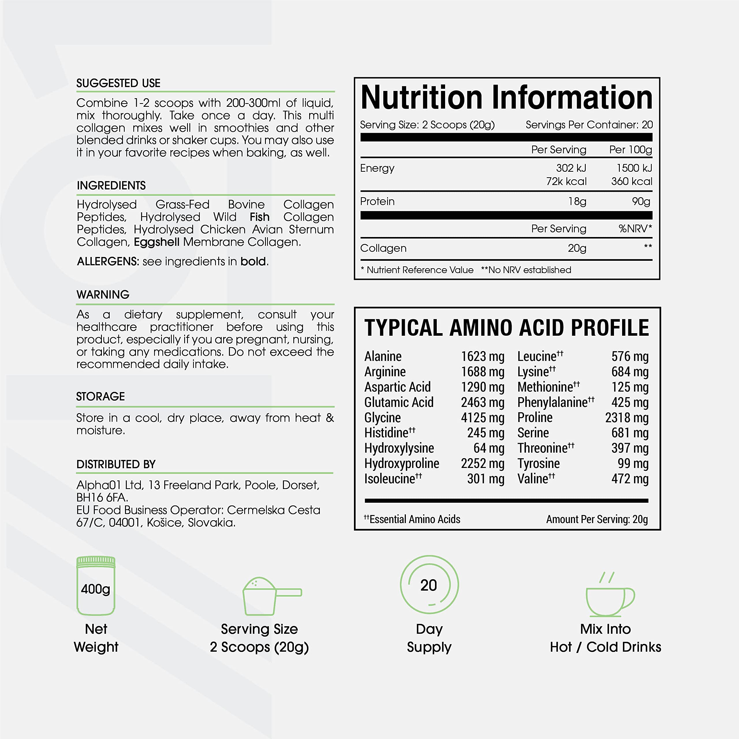 Multi Collagen Protein Powder (400g) - Types I, II, III, V & X - Hydrolyzed Grass Fed Bovine, Wild Caught Fish ALPHA01Au supplements