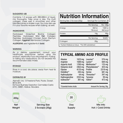 Multi Collagen Protein Powder (400g) - Types I, II, III, V & X - Hydrolyzed Grass Fed Bovine, Wild Caught Fish ALPHA01US supplements