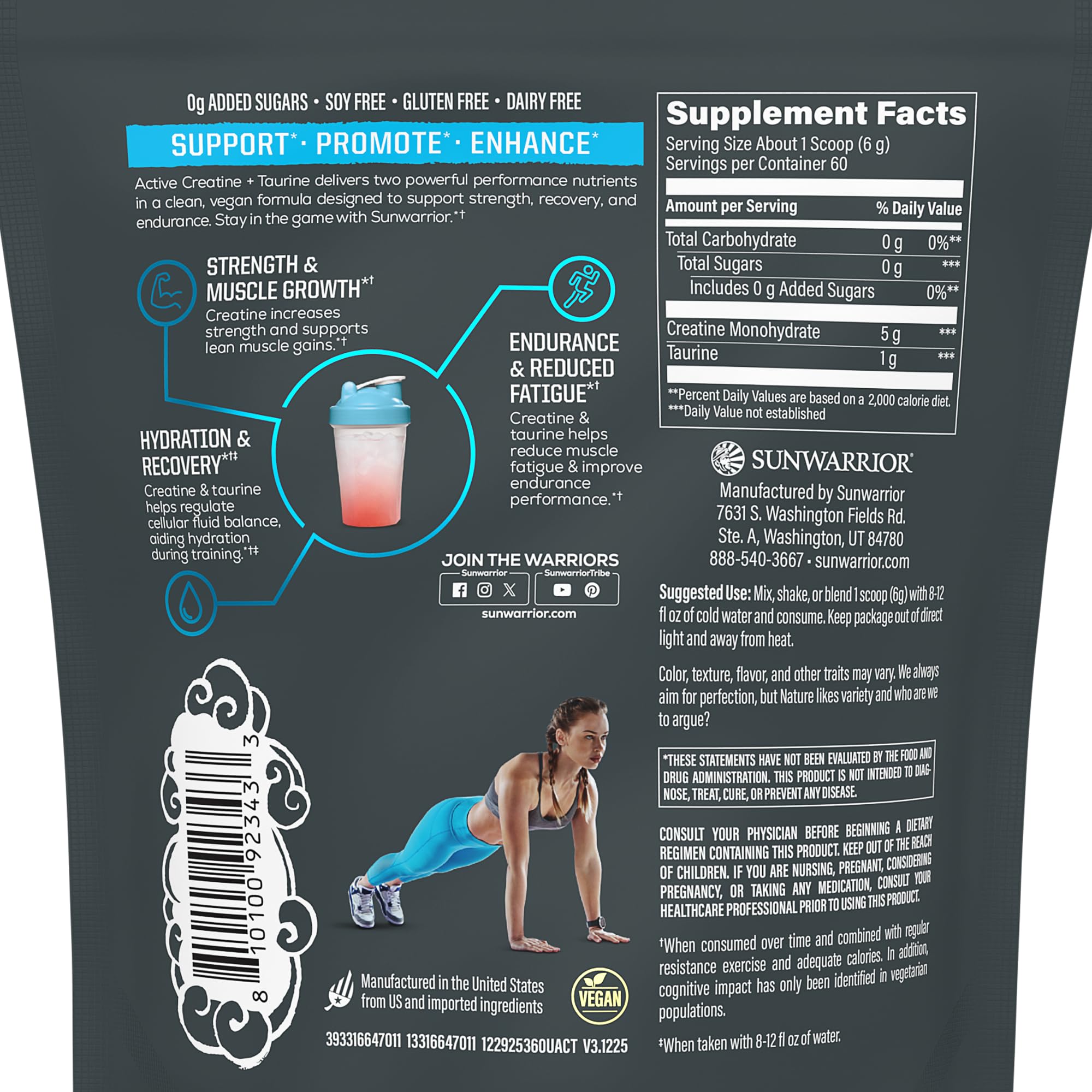 Creatine Monohydrate Powder Taurine Supplement, 5g Creatine Monohydrate 1g Taurine per Serving | Vegan Muscle Strength, Endurance & Recovery Support, Clean Performance Formula | 60 Servings Unflavored SunwarriorAu supplements