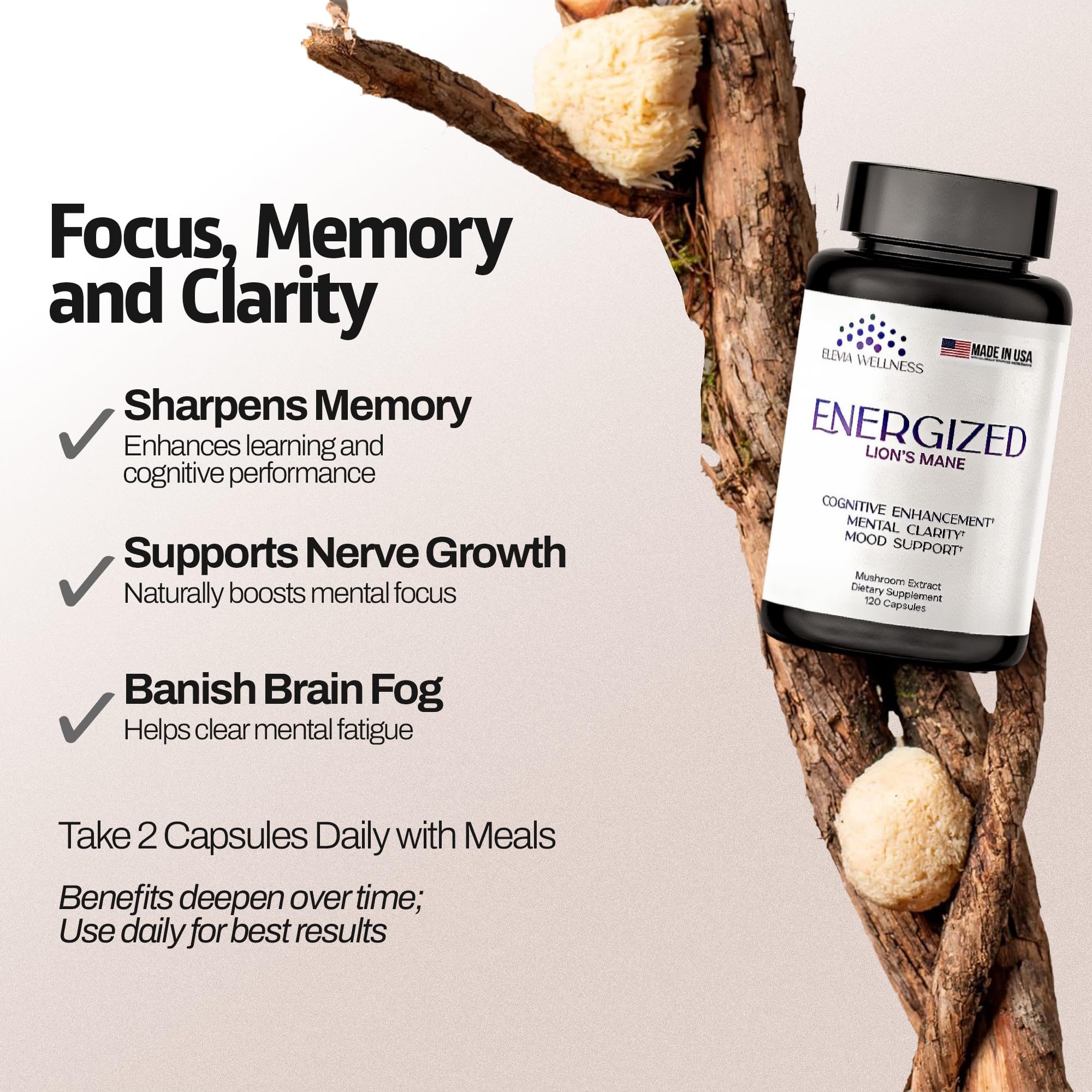 Energized Lions Mane Supplement Capsules (120ct),Brain Supplements for Memory and Focus, Nootropic for Brain Fog Relief Made in USA,30% Polysaccharides,Natural Brain Health Support Elevia WellnessAu supplements