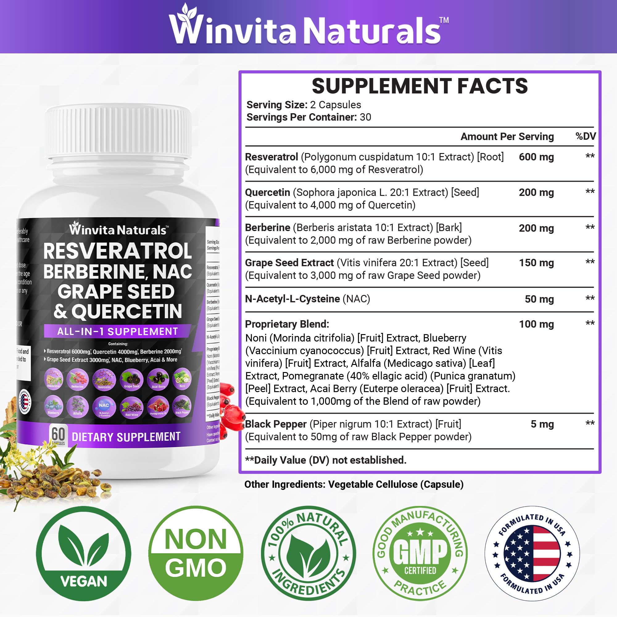Resveratrol 6000mg Quercetin 4000mg Berberine 2000mg Grape Seed Extract 3000mg Winvita NaturalsUS supplements