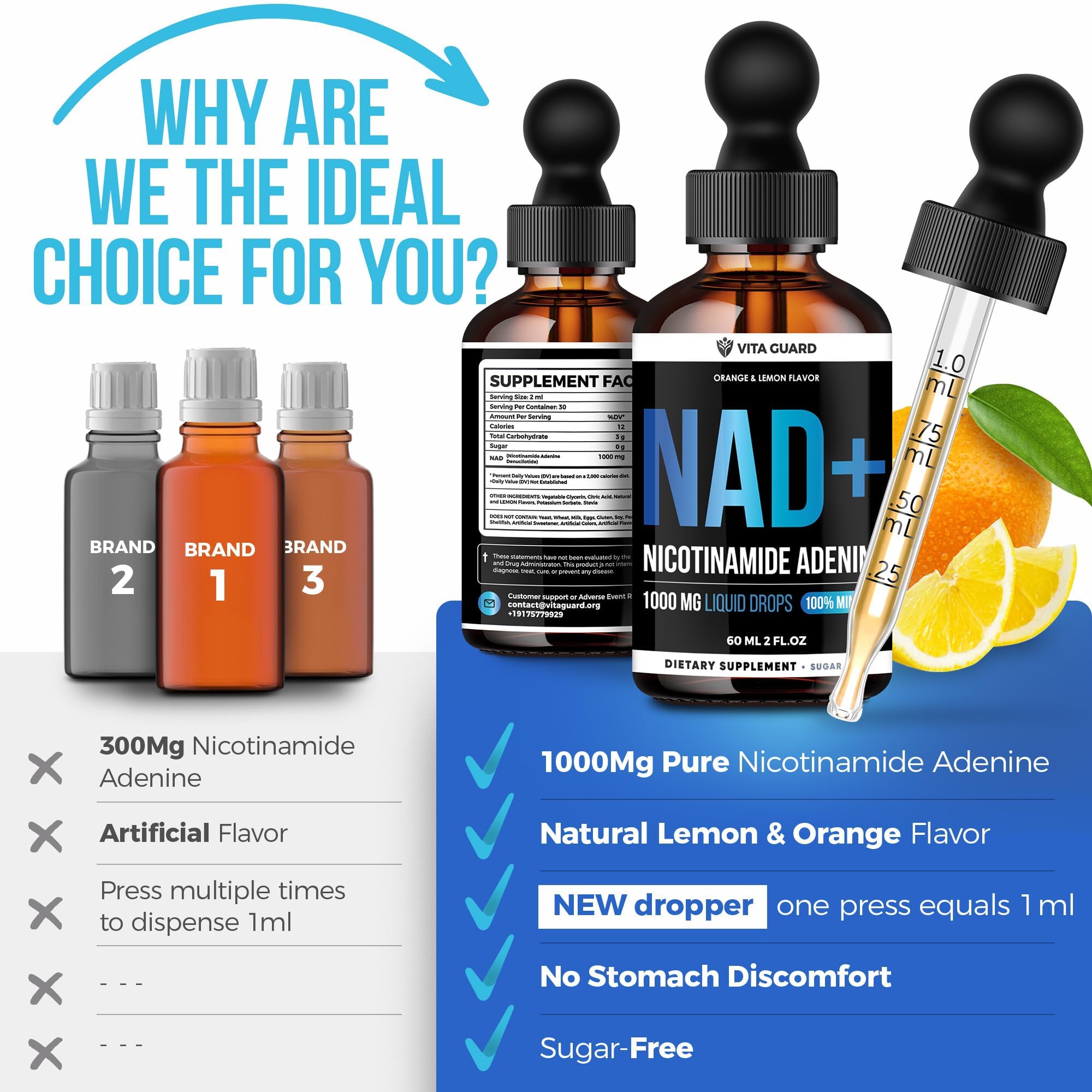 Vita Guard Pure NAD+ Supplements 1000mg Liquid Drops for Women & Man | Nicotinamide Adenine Similar to Nicotinamide Riboside NAD Plus Boosting Supplement - Natural Lemon & Orange Flavor Vita GuardAu supplements