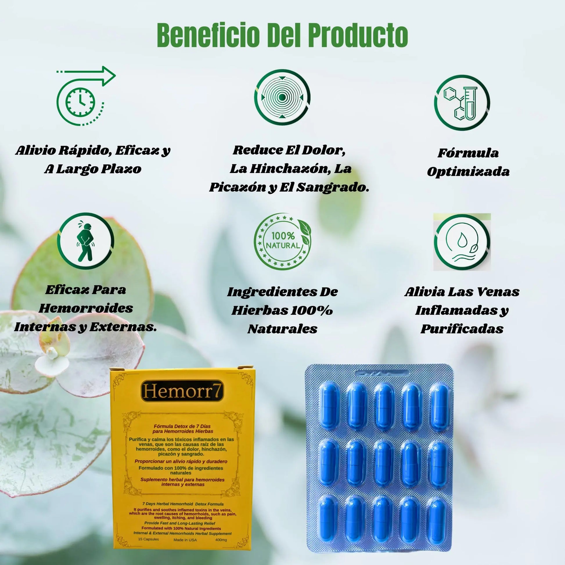 Hemorr7: 7Days 15 Capsules Herbal Hemorrhoid Detox Formula,Fórmula Herbal para desintoxicar las hemorroides Durante 7 días GenericAu supplements