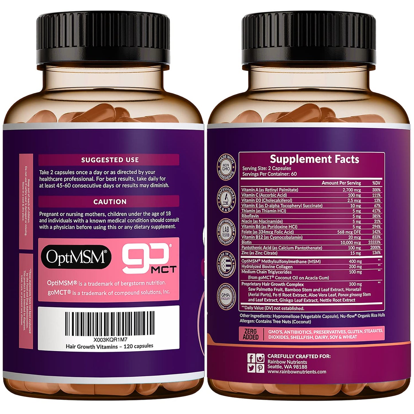 Hair Growth Vitamins for Women | Biotin 10,000mcg, Collagen, Patented OptiMSM®, goMCT Rainbow Nutrients, LLCUS supplements