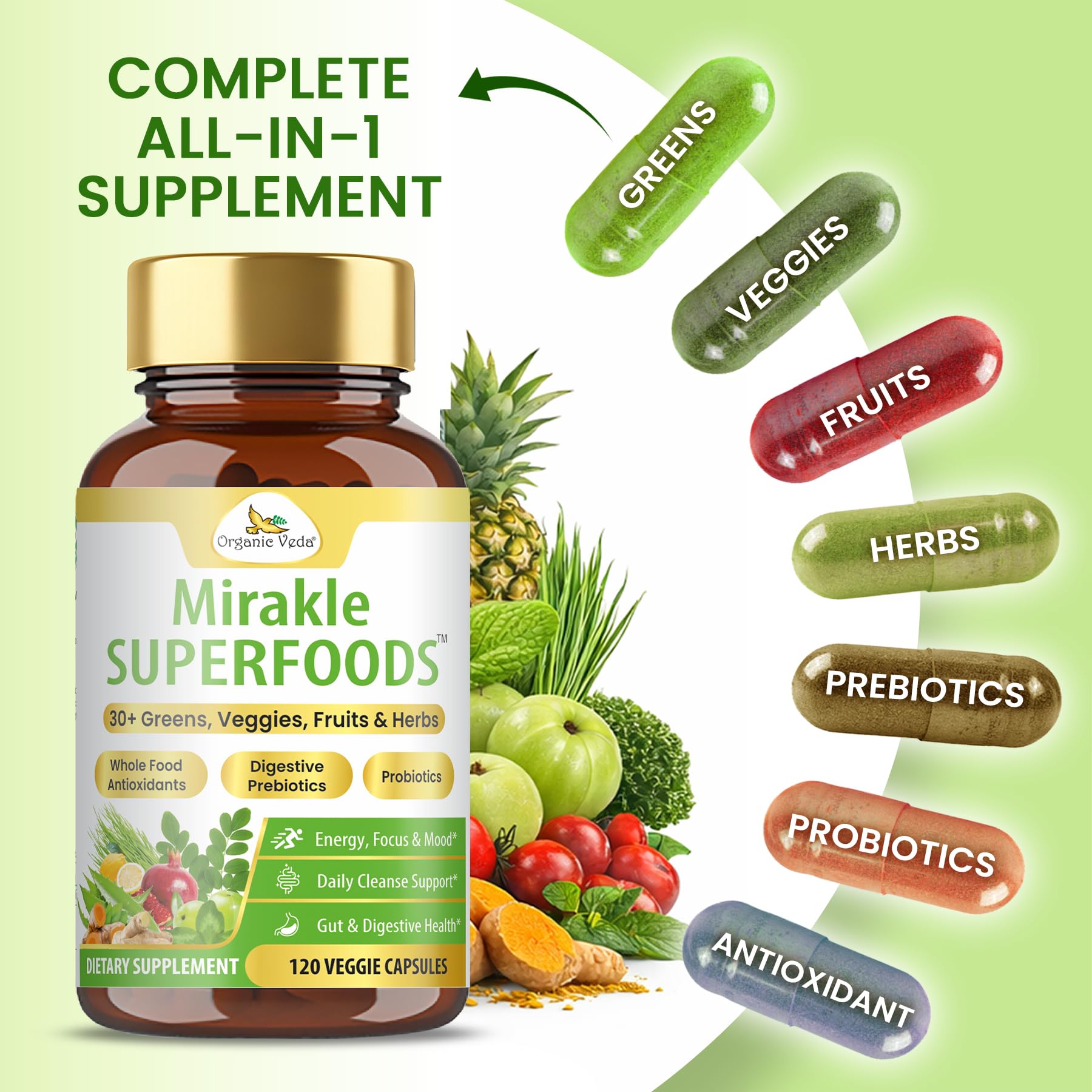 Organic Veda Mirakle Superfoods Greens Capsules - 30+ Daily Greens and Veggies Supplement with Moringa, Spirulina, Chlorella, Turmeric & Herbs, Antioxidants, Resveratrol, Probiotics - 120 Capsule Organic VedaAu supplements