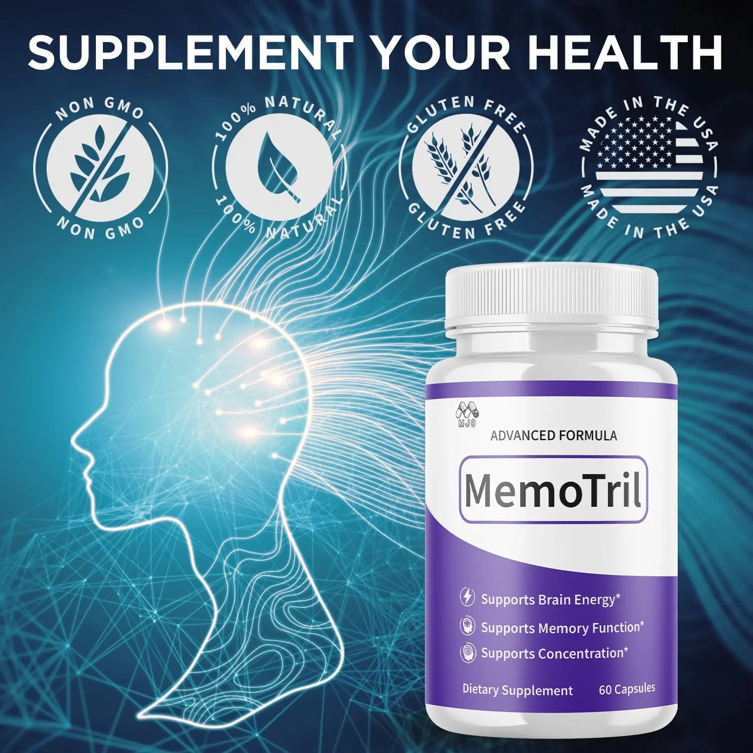 (3 Pack) Memotril Capsules, Official Memo Tril Supplement Pills with All Natural Ingredients, Advanced Memotril for Brain Health & Wellness Support with Premium Vitamins for Women & Men (180 Capsules) MJOnz supplements